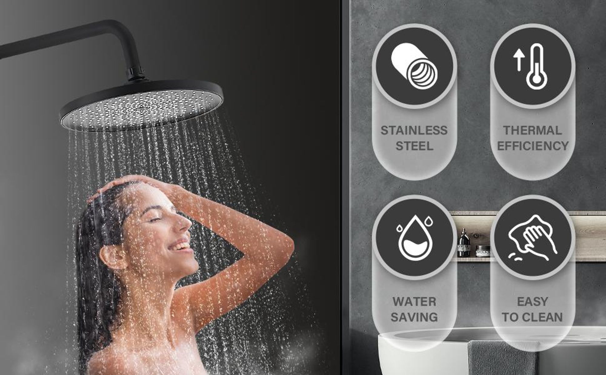 STANEW Duscharmatur Badezimmerdusche mechanisches Duschset, Regendusche mit rundem Duschkopf und 3 Düsen, Schwarz