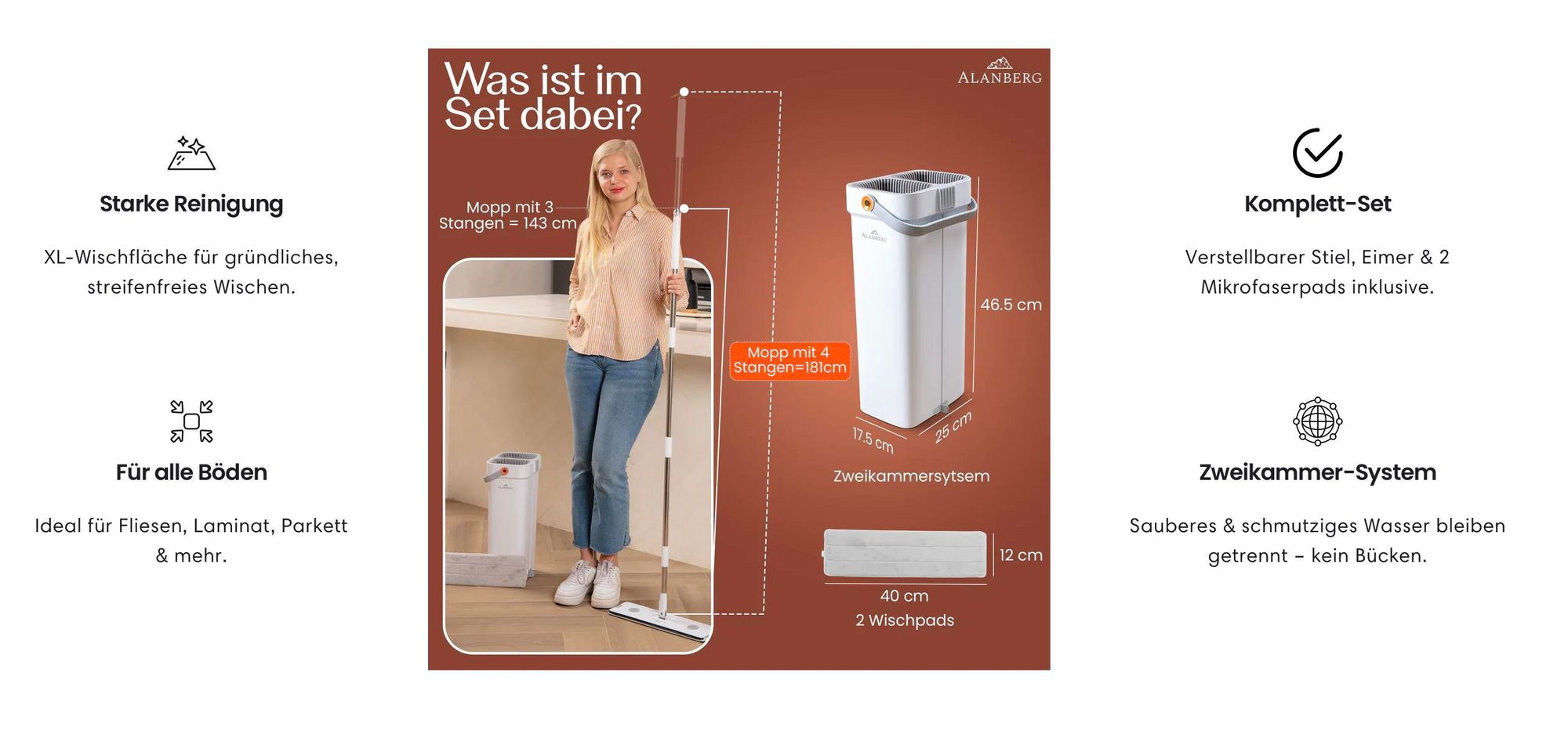 ALANBERG® XL-Flachmopp mit Zweikammersystem - Weiß, Wischmopp Set mit Eimer Bodenwischer mit Mikrofaser, 360° Drehkopf & Trennsystem für Schmutzwasser