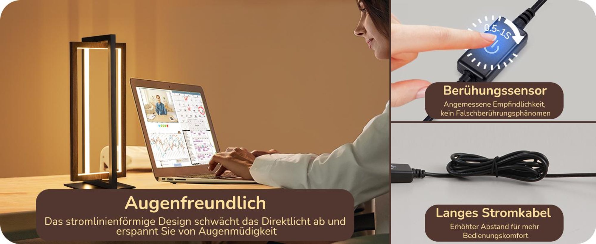 EDISHINE LED Tischlampe, Touch Dimmbare Nachttischlampe, 3 Farbtemperaturen Moderne Schreibtischlampe, Schwarz Walnuss-dunkel