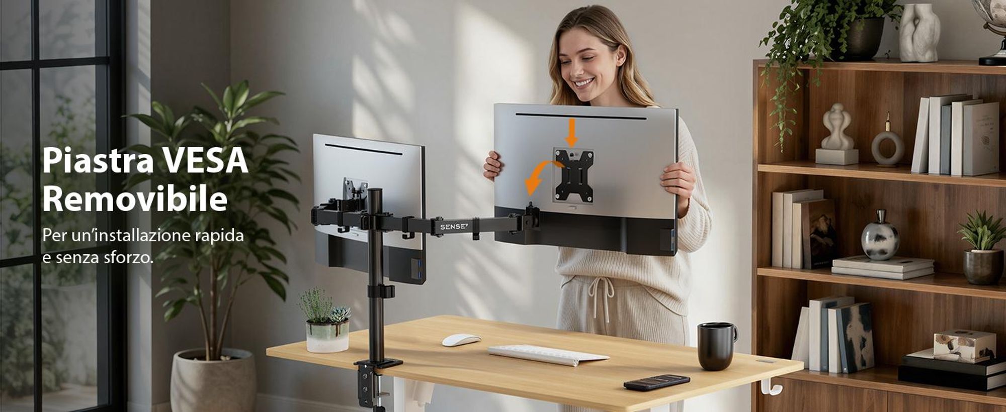 SENSE7 HANG LIGHT DOUBLE: Supporto per monitor duale, adatto a monitor da 17-32 pollici, standard VESA, capacità di carico 2x9kg, sistema di regolazione a gas, ideale per scrivania, per due monitor, colore nero, design ergonomico