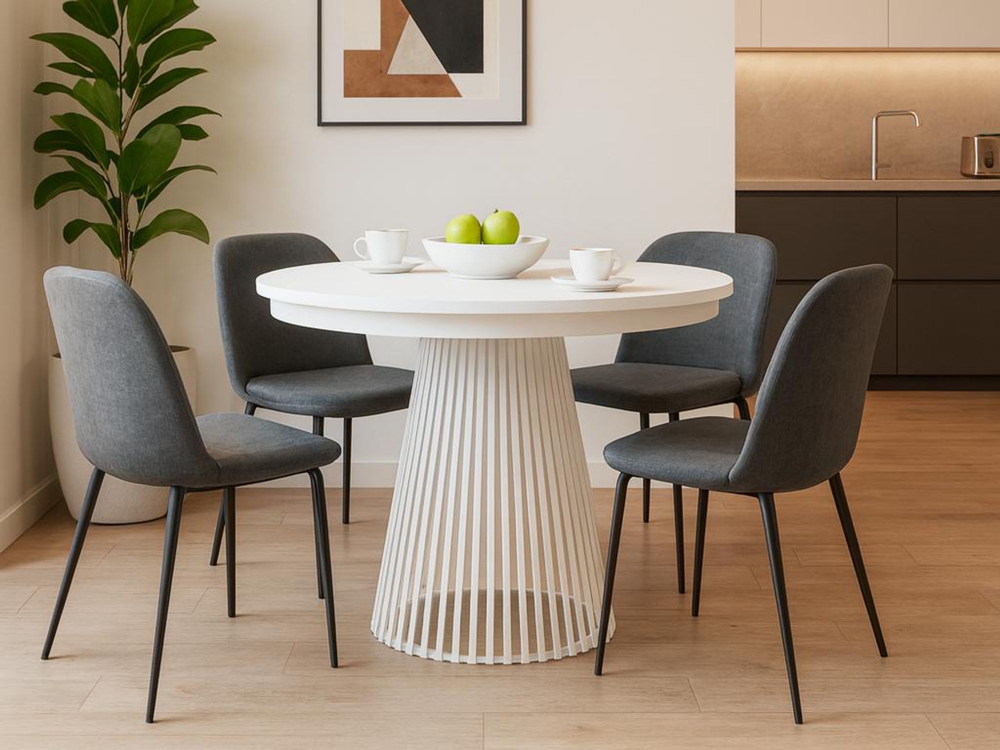 BEAUTYSOFA | Runder Ausziehbarer Tisch LUMI Ø 120–200 cm, Tisch für Esszimmer, Loft-Stil, Skandinavische, Weiß/Weiß