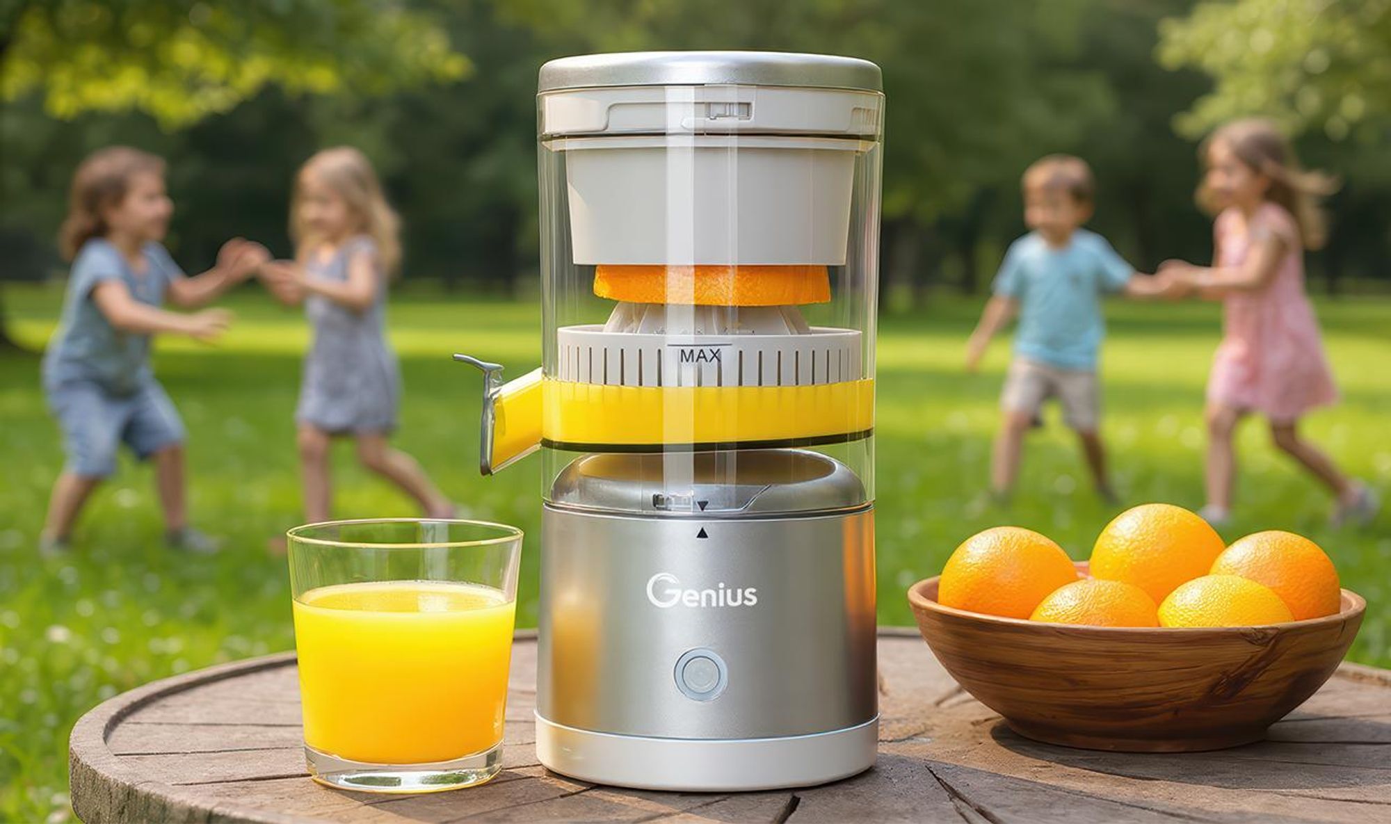 Genius Akku Zitruspresse by Nicer Dicer 6 tlg, elektrische Saftpresse, Orangenpresse Entsafter, Akkulaufzeit bis 25 Min, 45 W, Auffangbehälter 200 ML
