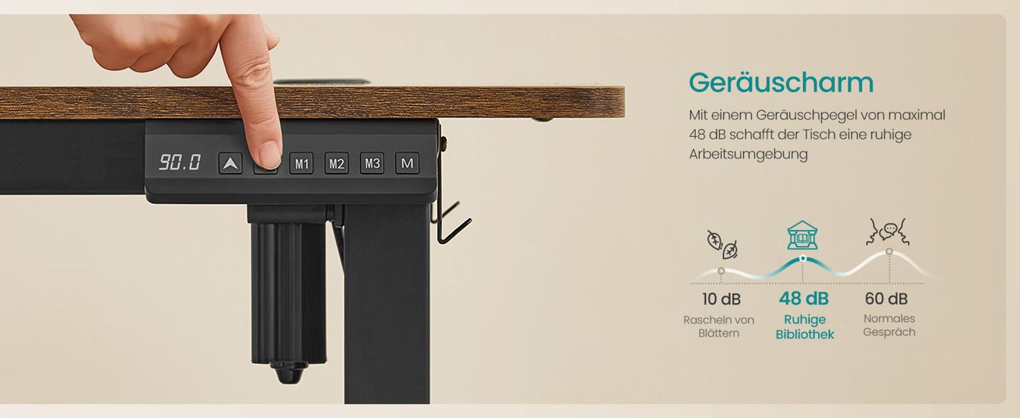 SONGMICS Höhenverstellbarer Schreibtisch elektrisch, 100 cm, Memory-Funktion mit 4 Höhen, USB-C-Anschluss