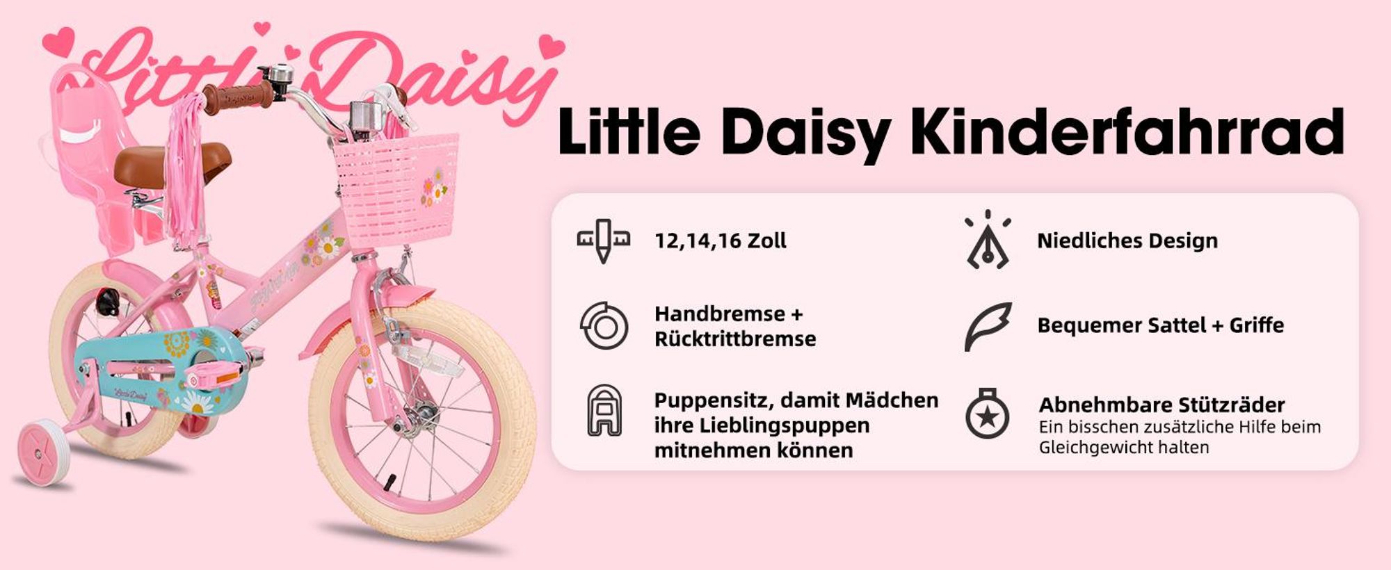 HILAND Joystar 14 Zoll Kinderfahrrad mit Stützrädern, Puppenfahrradsitz, Luftschlangen, Korb, Klingel, DIY-Aufklebern, Schutzblechen, für Mädchen,Rosa