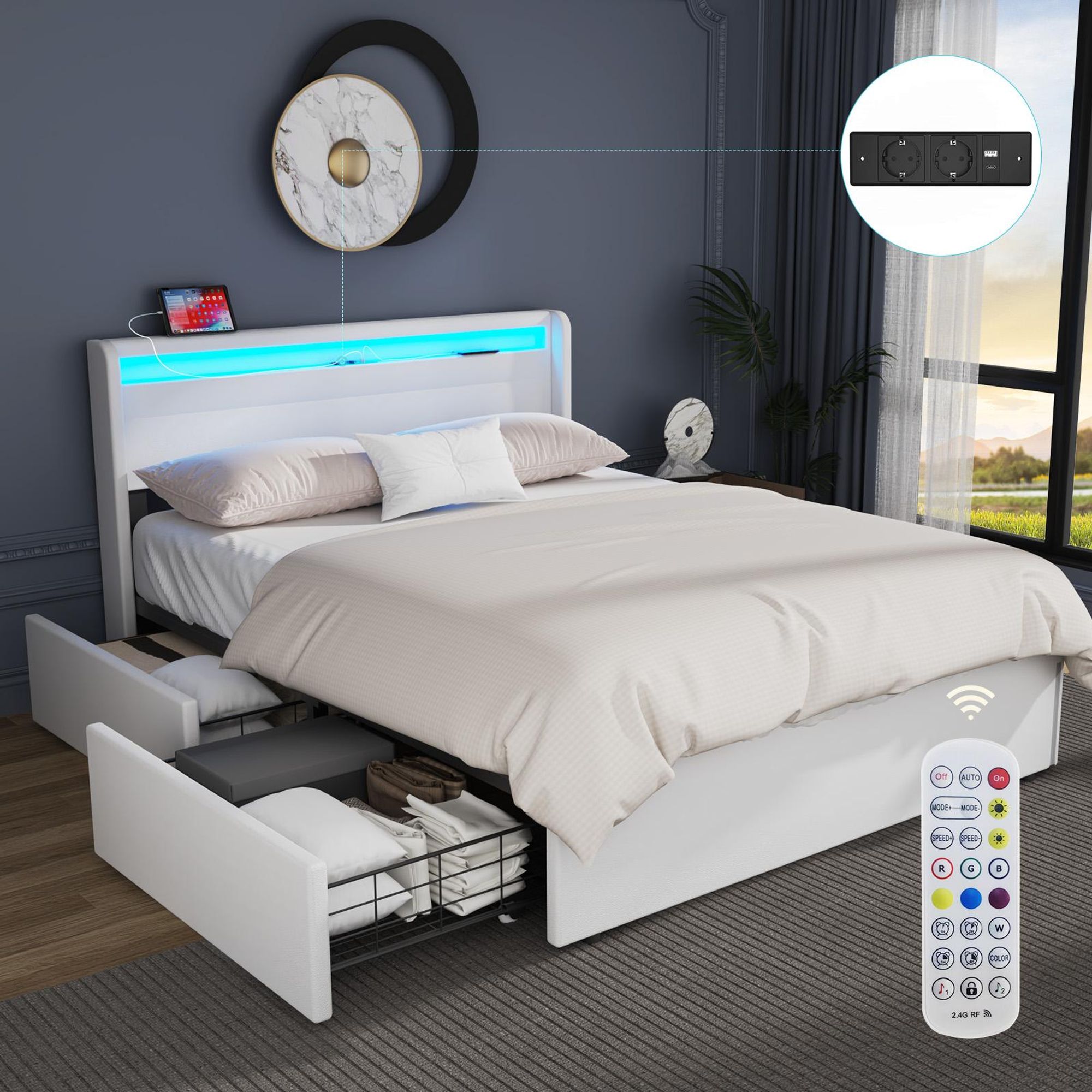OYAJIA 140 cm x 200 cm Polsterbett LED-Beleuchtung Doppelbett mit Ladefunktion (USB&Typ-c),und 4 Schubladen,Jugendbett Bettgestll
