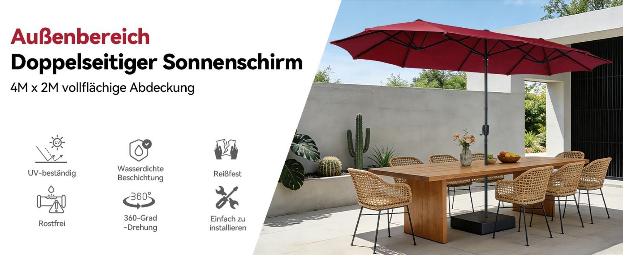 Puluomis Sonnenschirm 400 x 200 x238cm UPF 50+ mit Kurbel ohne Ständer Balkonschirm Strandschirm Marktschirm Gartenschirm Rot