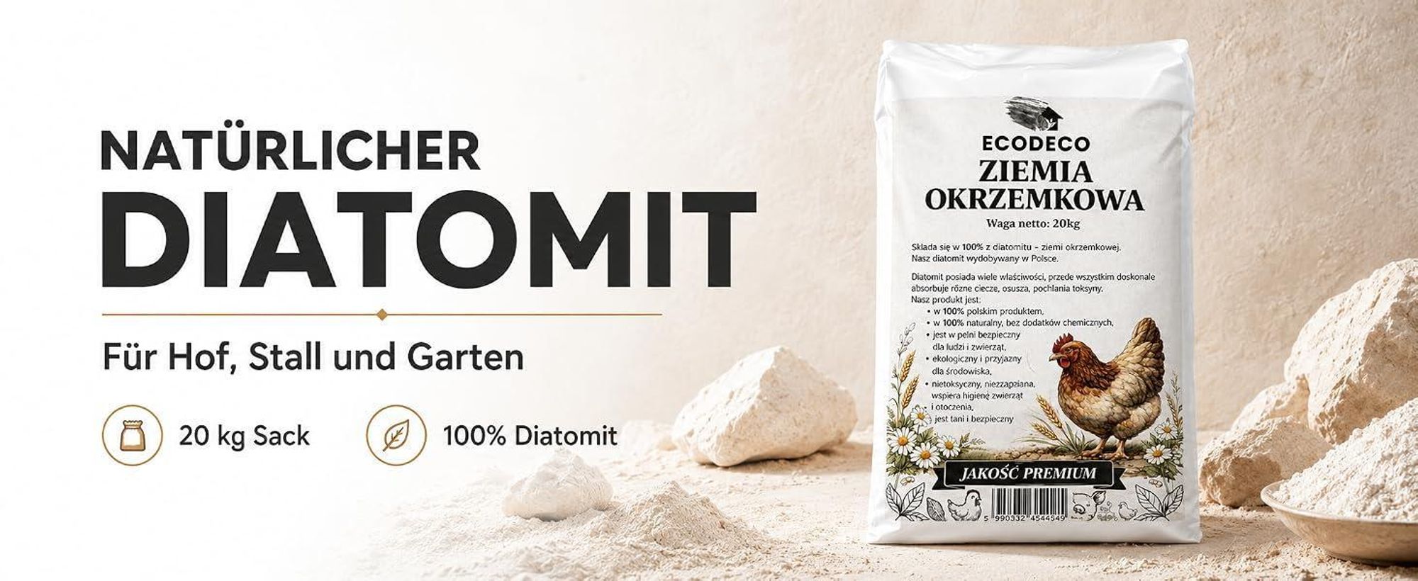 Ecodeco Kieselgur Diatomeenerde 10 Kg Für Hühnerstall, Einstreu Und Tierhaltung – Mineralischer Feuchtigkeitsbinder, Geruchlos