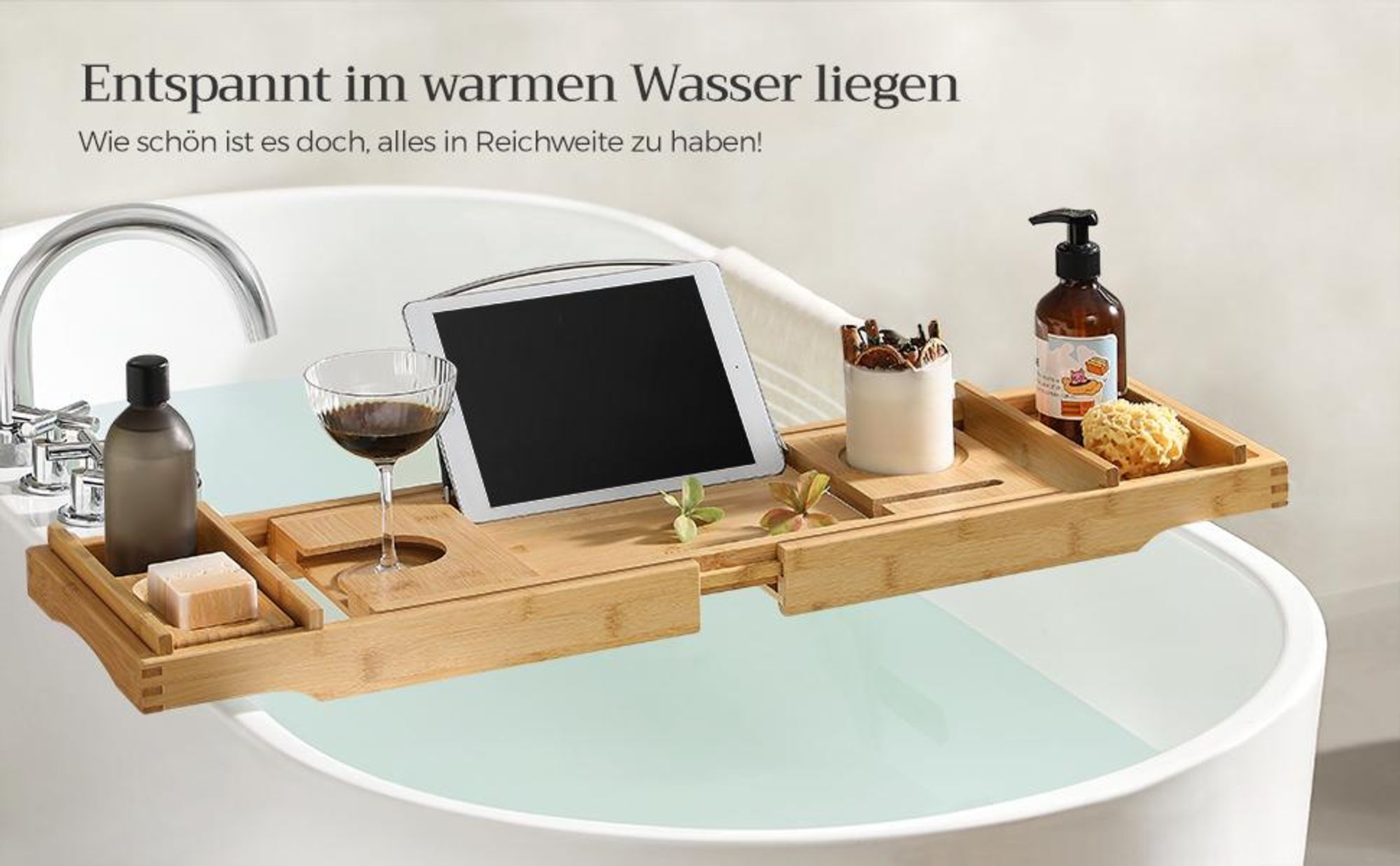 SONGMICS Badewannenablage, verstellbar, mit Getränkehalter, Handy-Stütze