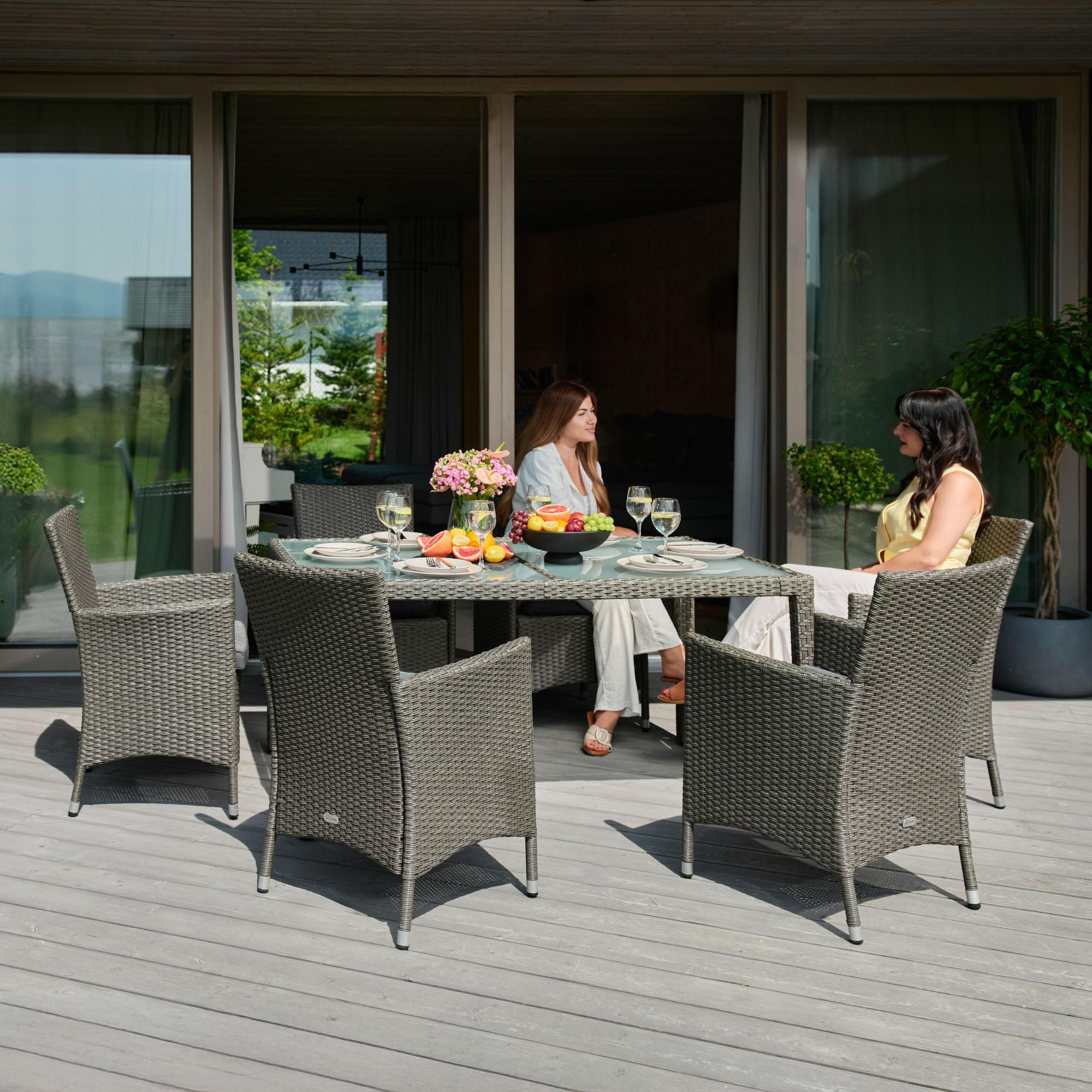 di volio Gartenmöbel-Set VERONA - Essgruppe Garnitur aus Polyrattan, robuste Sitzgruppe - Tisch mit Glasplatte + 6 Stühle, Terrassenmöbel Lounge Set
