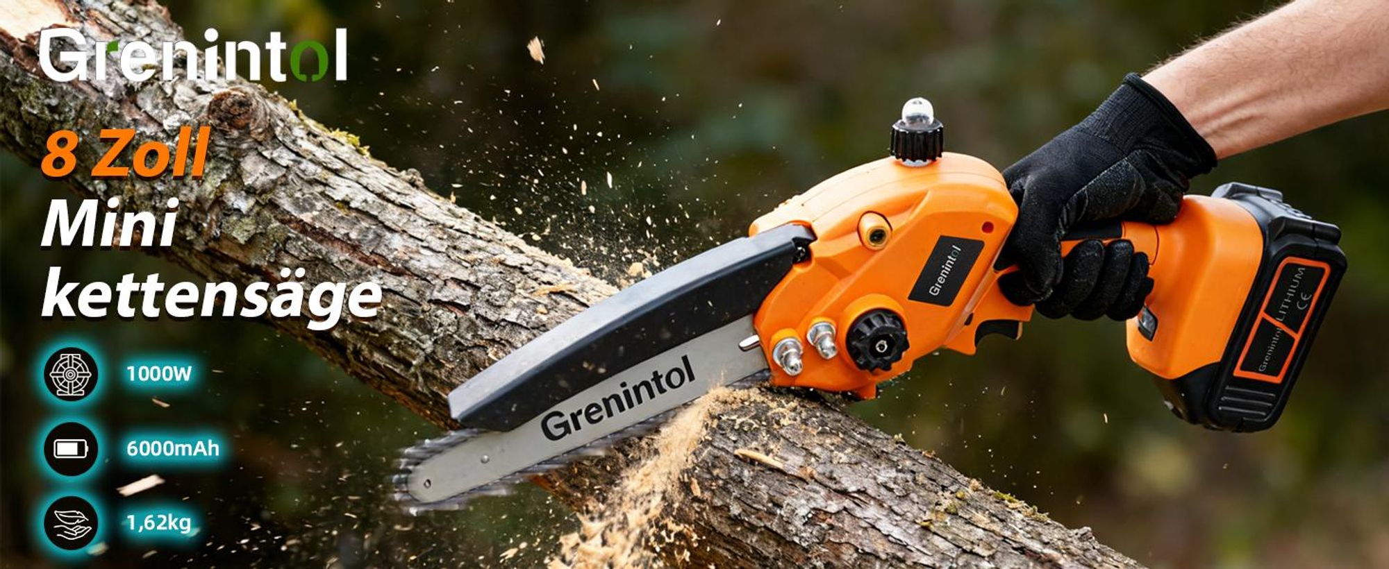 Grenintol 8 Zoll Akku-Kettensäge, 1000 W Mini Kettensäge mit 2 × 3000 mAh Akkus, Astsäge, Akku Motorsäge, Einhand-Kettensäge für Äste, Garten und Holz