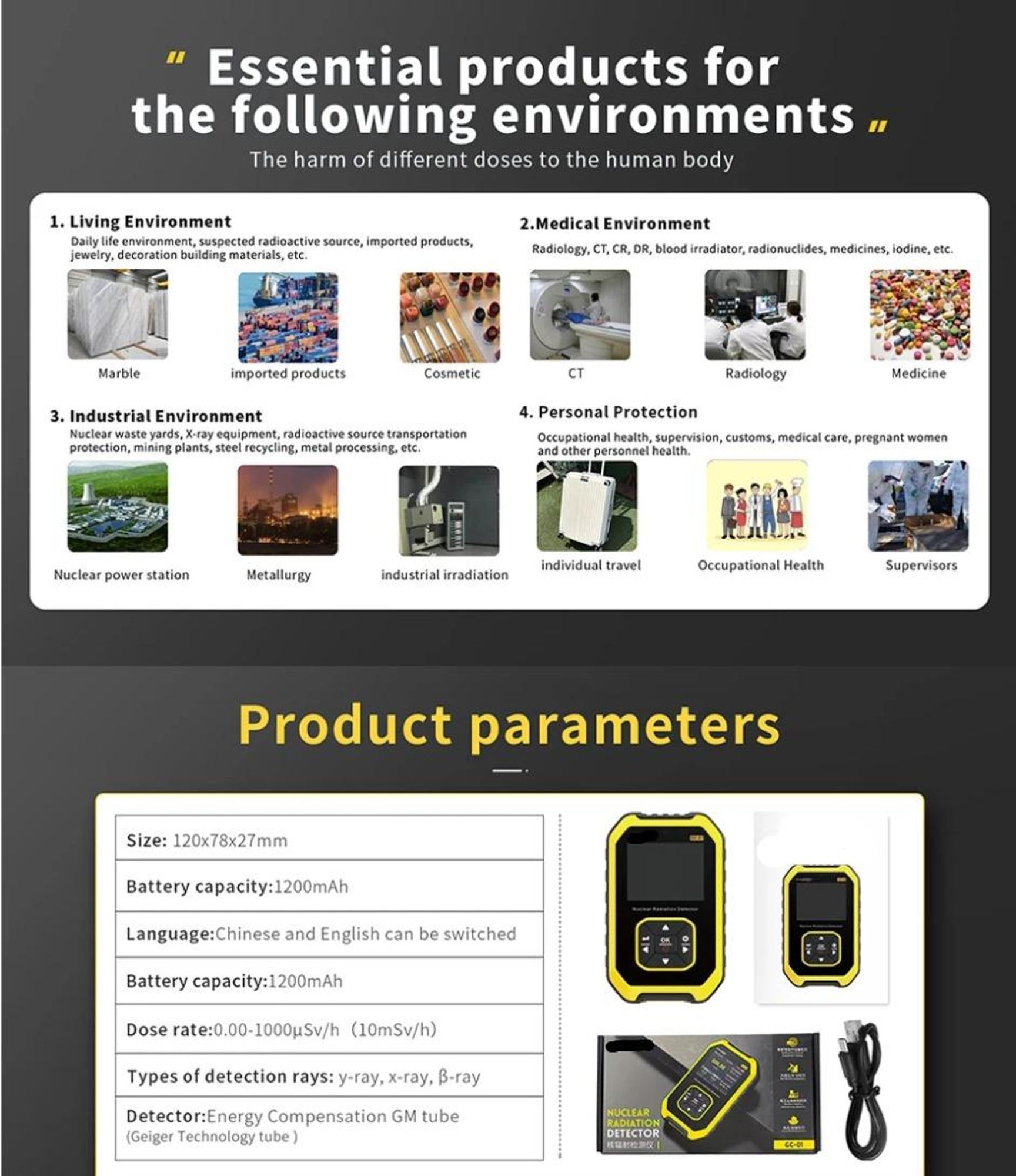 Strahlungsdetektor GC-01 – Geigerzähler, Röntgen-, Gamma- und Betastrahlungsdetektor, Radioaktivitätsmessgerät für Marmor, persönliches Dosimeter