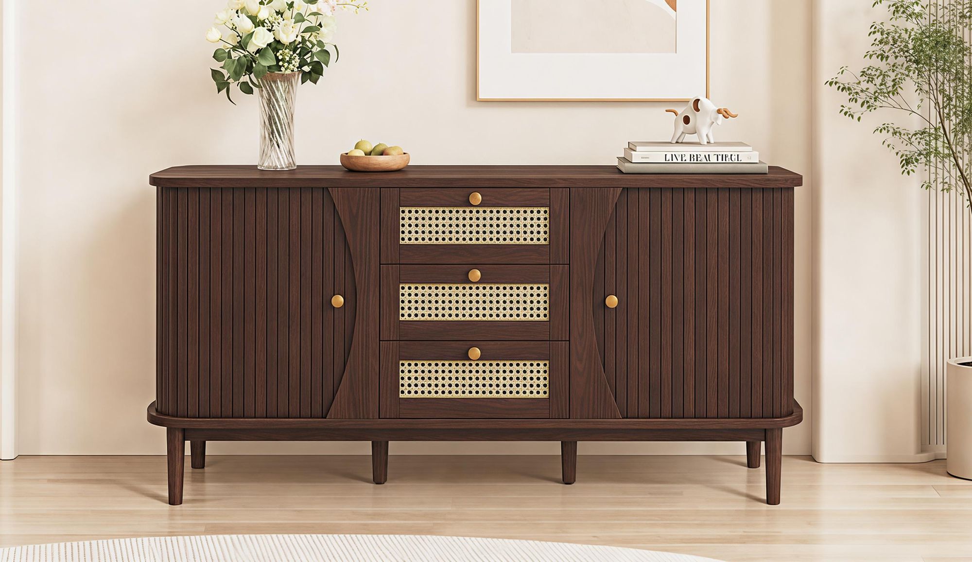 okwish Sideboard, Rattanschrank Rattankommode mit drei Schubladen, Kommode mit Schiebetüren Holzfarbe