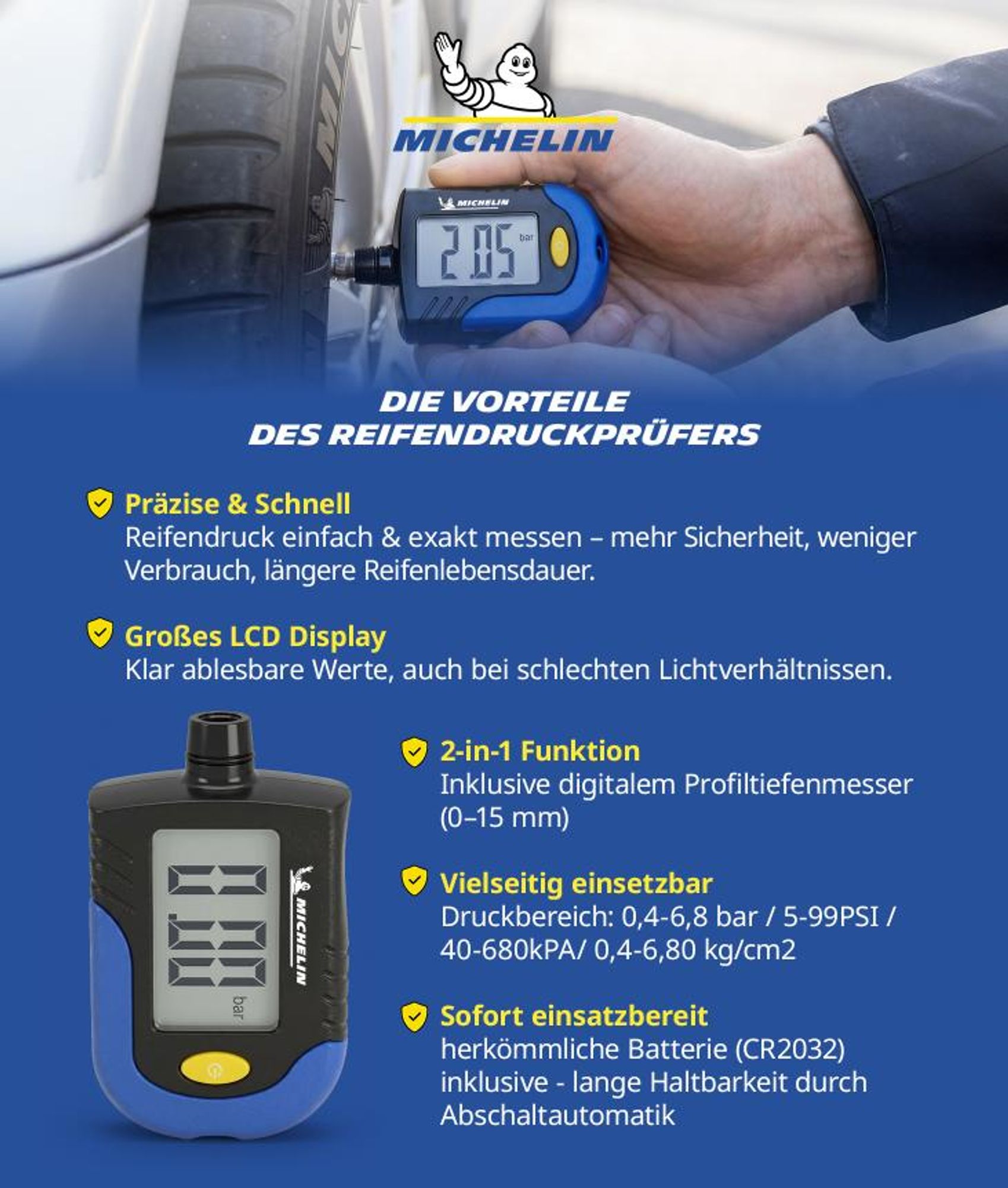 MICHELIN Reifendruckprüfer digital mit Profiltiefenmesser, LCD