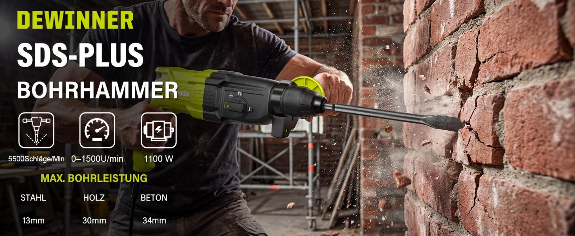 DEWINNER Bohrhammer, 1100 W, 3,4 J, Bohrhammer 0 – 1500 U/5500 BPM mit 4 Funktionen und Sicherheitskupplung, 20 Zubehörteile, variable Geschwindigkeit