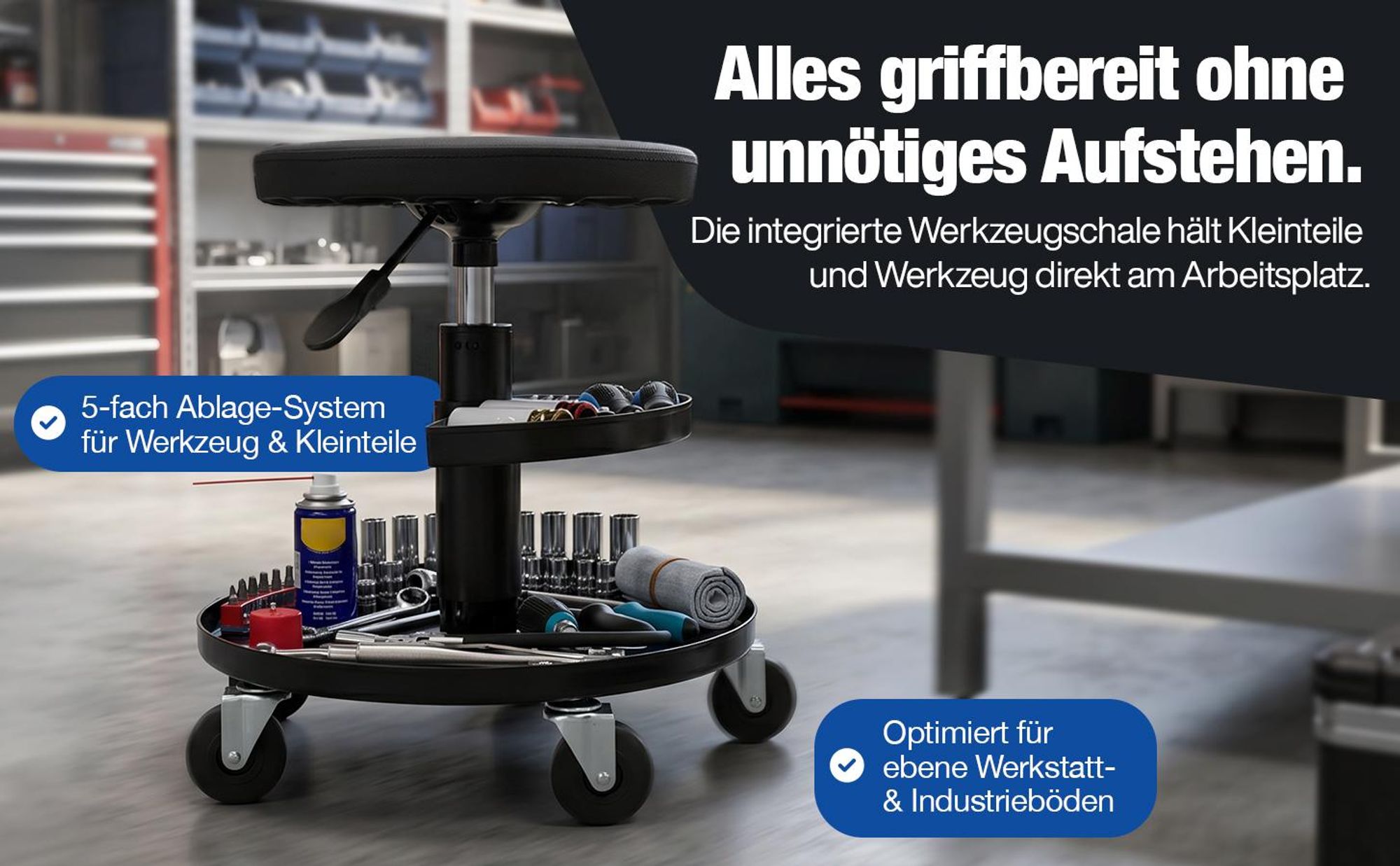 NTG Rollhocker Höhenverstellbar bis 55 cm – Werkstatthocker bis 100 kg mit 5 Rollen & Ablageschale – Drehhocker Werkstatt