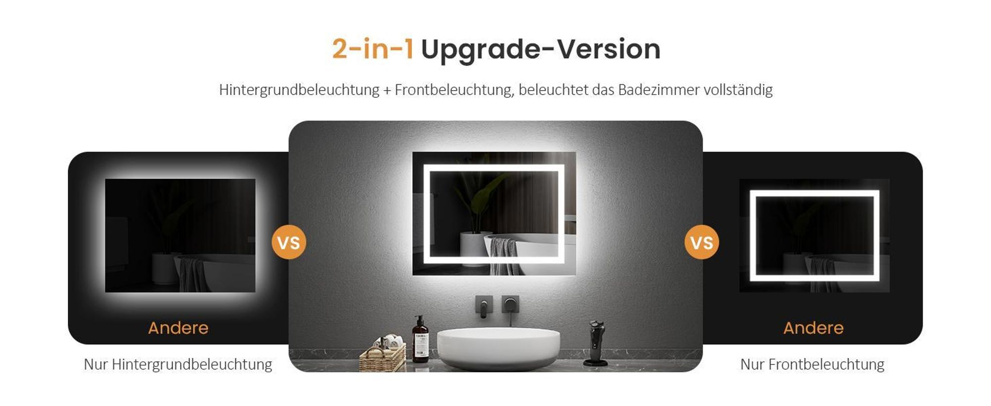 EMKE Badspiegel mit Beleuchtung 60 x 50 cm LED Badezimmerspiegel Beschlagfrei mit Druckknopfschalter mit 2 Farben des Lichts, Kaltweißes und warmes Licht