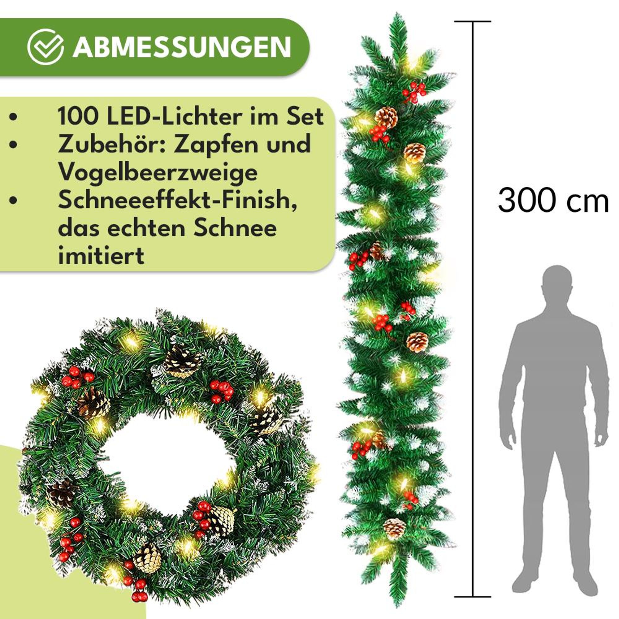 KRUMAD Weihnachtsgirlande 3 m mit LED Beleuchtung – Künstliche Tannengirlande mit Schnee, Zapfen & Beeren – Weihnachtsdeko Innen & Außen – 280 Zweige
