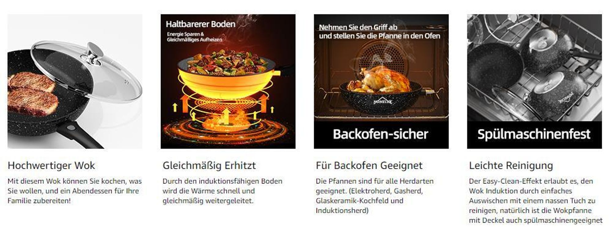 Homelux Pfanne Wokpfannen Bratpfanne 28 cm, Wokpfanne Induktion Abnehmbarer Griff Mit Glasdeckel – Für alle Herdarten, auch Induktion