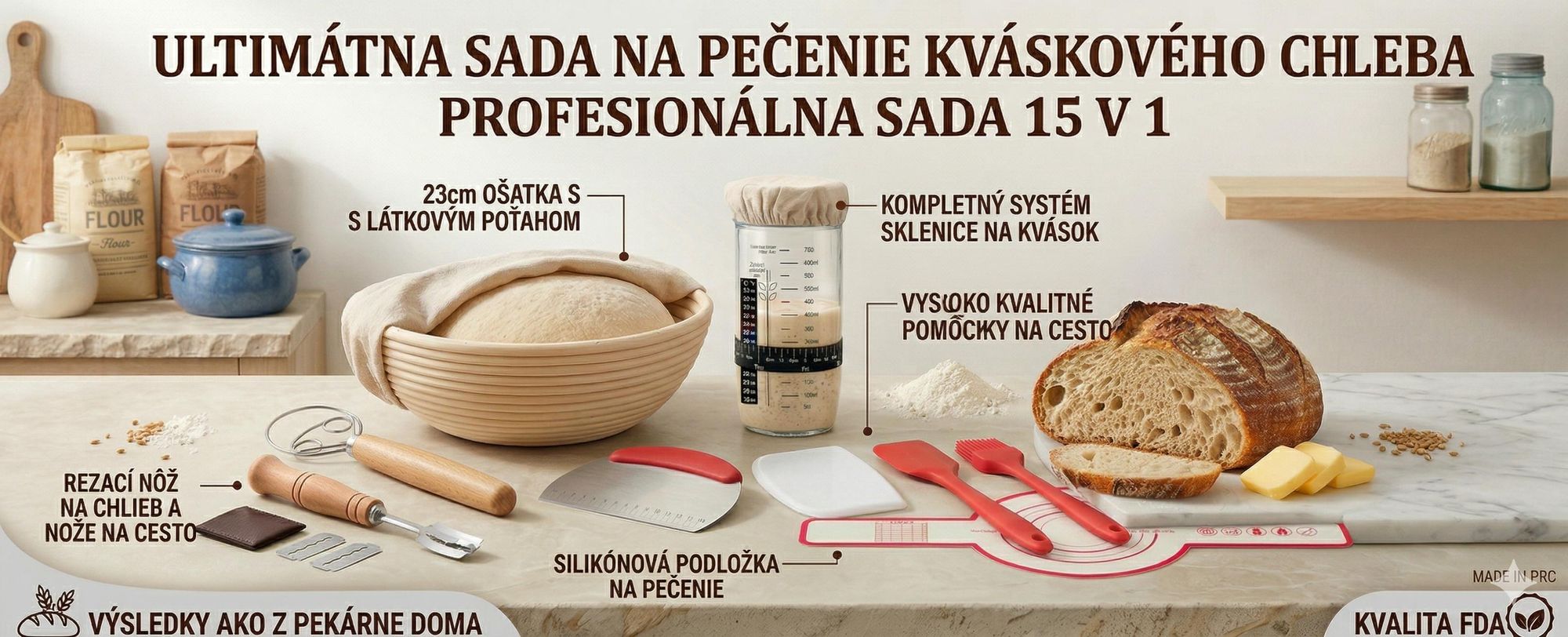 Súprava na pečenie chleba z kvásku so 23 cm košíkom na kysnutie, 650 ml pohárom na kysnutie a nožom na cesto – DOUGHMASTER
