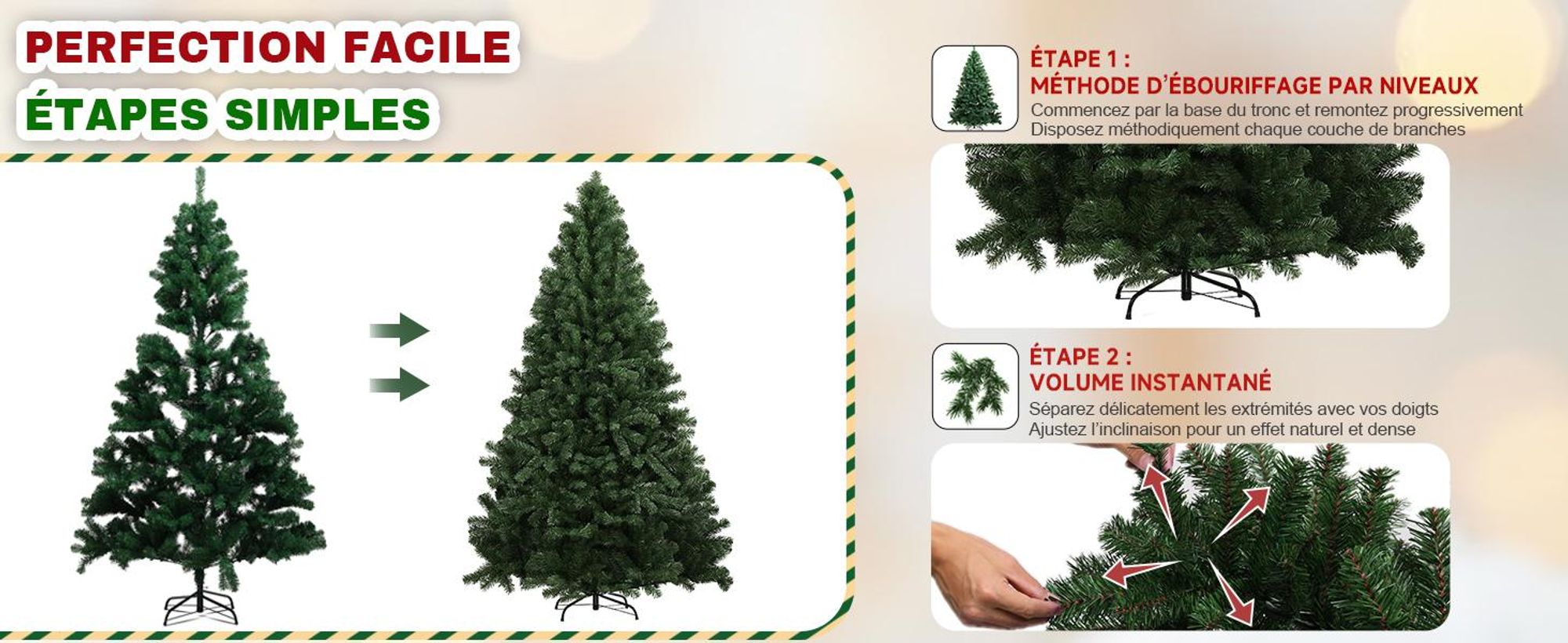 COMHOMA Arbre de Noël artificiel Décoration de Noël 195cm Matériau PVC avec 910 pointes Branches épaissies Pliable avec nœuds décoratifs & carte de vœux