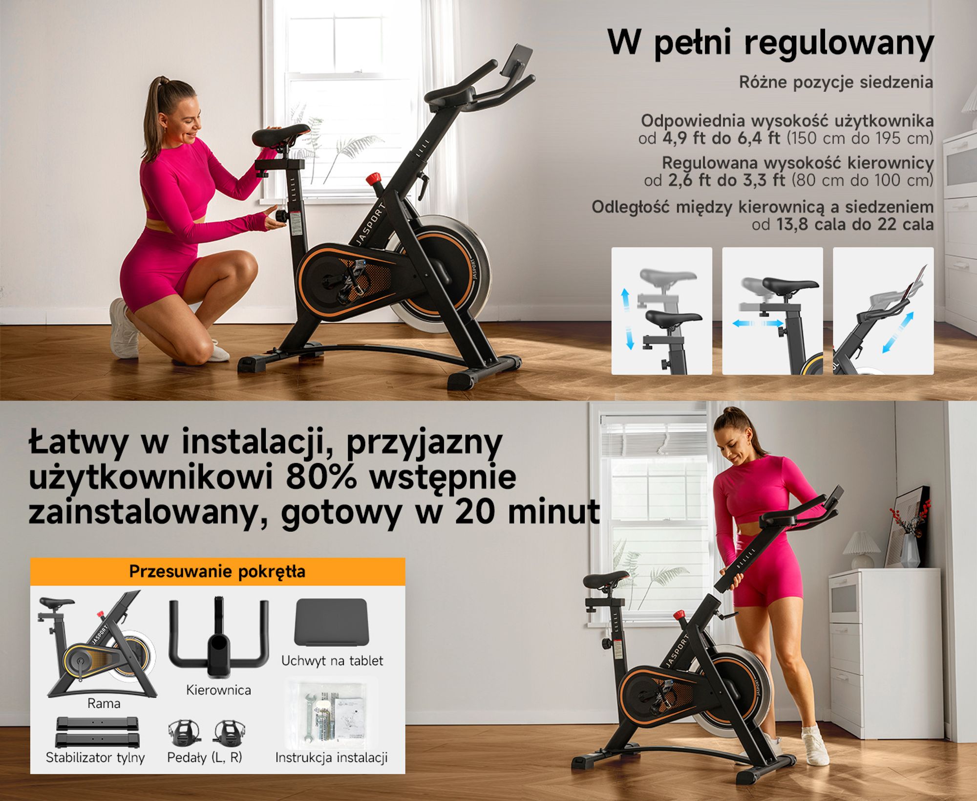 JASPORT A3 ergometr – cichy rower stacjonarny do treningu wytrzymałościowego z uchwytem na tablet i wygodnym siedziskiem