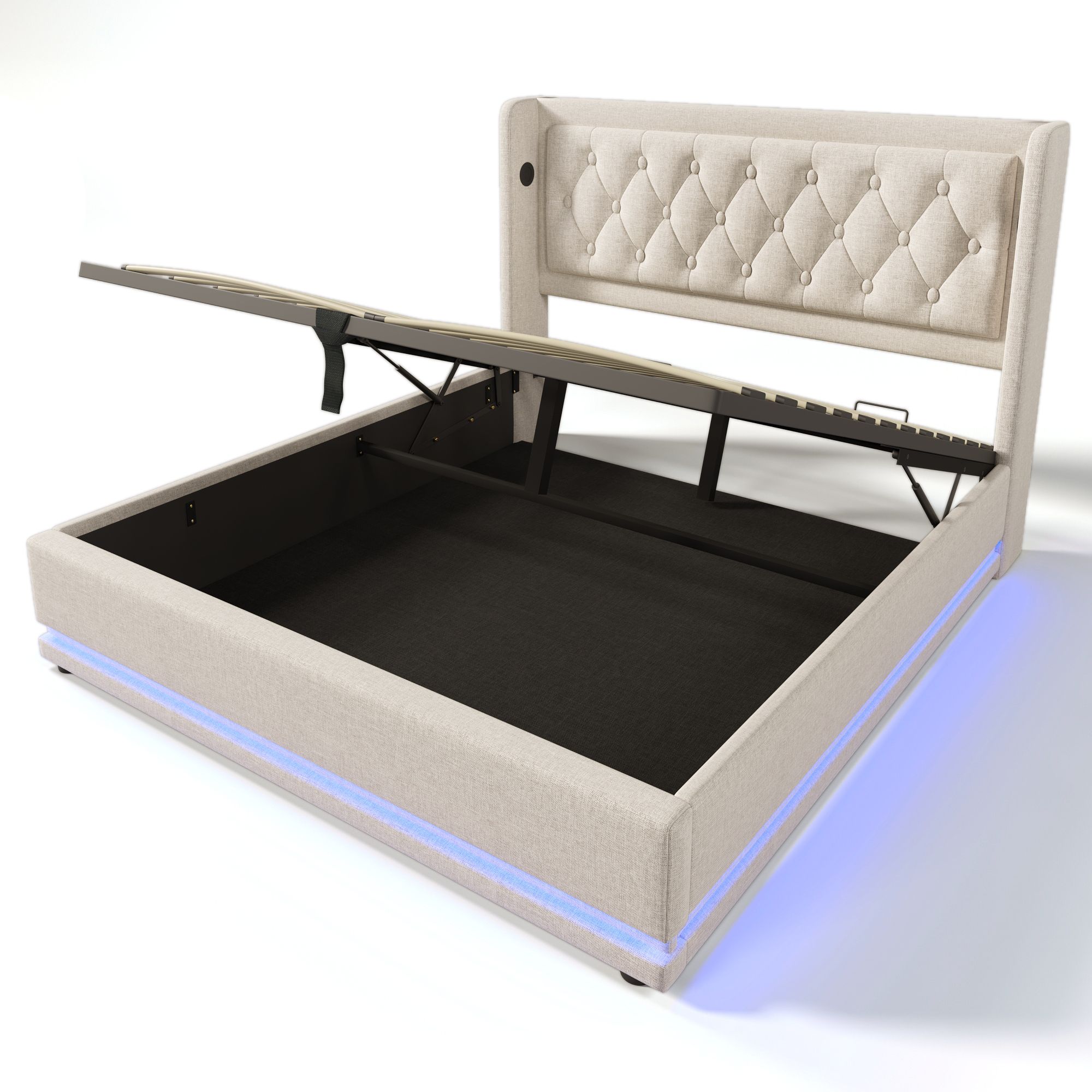 Flieks Polsterbett 160x200cm mit USB & Typ-C, Doppelbett Jugendbett mit LED, Hydraulisches Stauraumbett Boxspringbett mit Lattenrost, Baumwolle, Beige