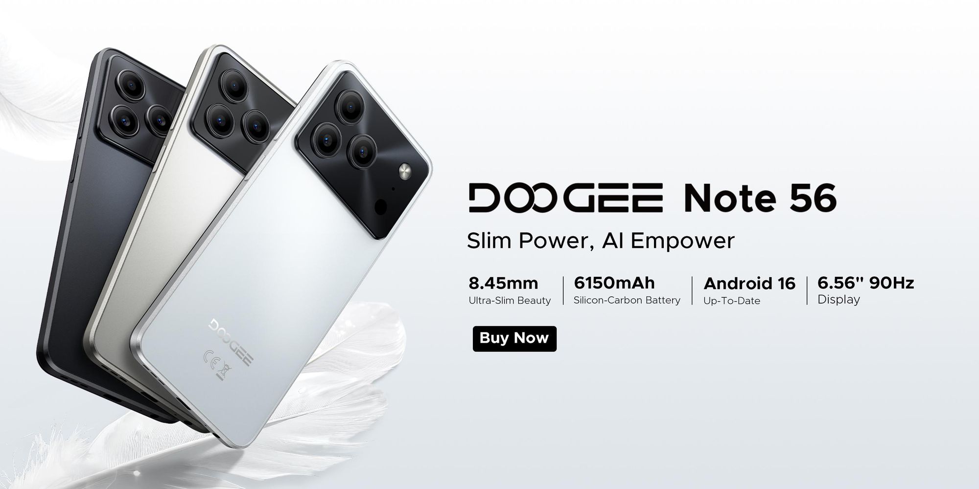 DOOGEE Note 56, chytrý telefon, Android 16, 6,56" displej s obnovovací frekvencí 90 Hz, rozlišení HD+, baterie 6150 mAh, 24 GB RAM + 64 GB interní paměti, podpora 4G, dual SIM, 8MP fotoaparát, rozpoznávání obličeje, podpora OTG, bez smlouvy