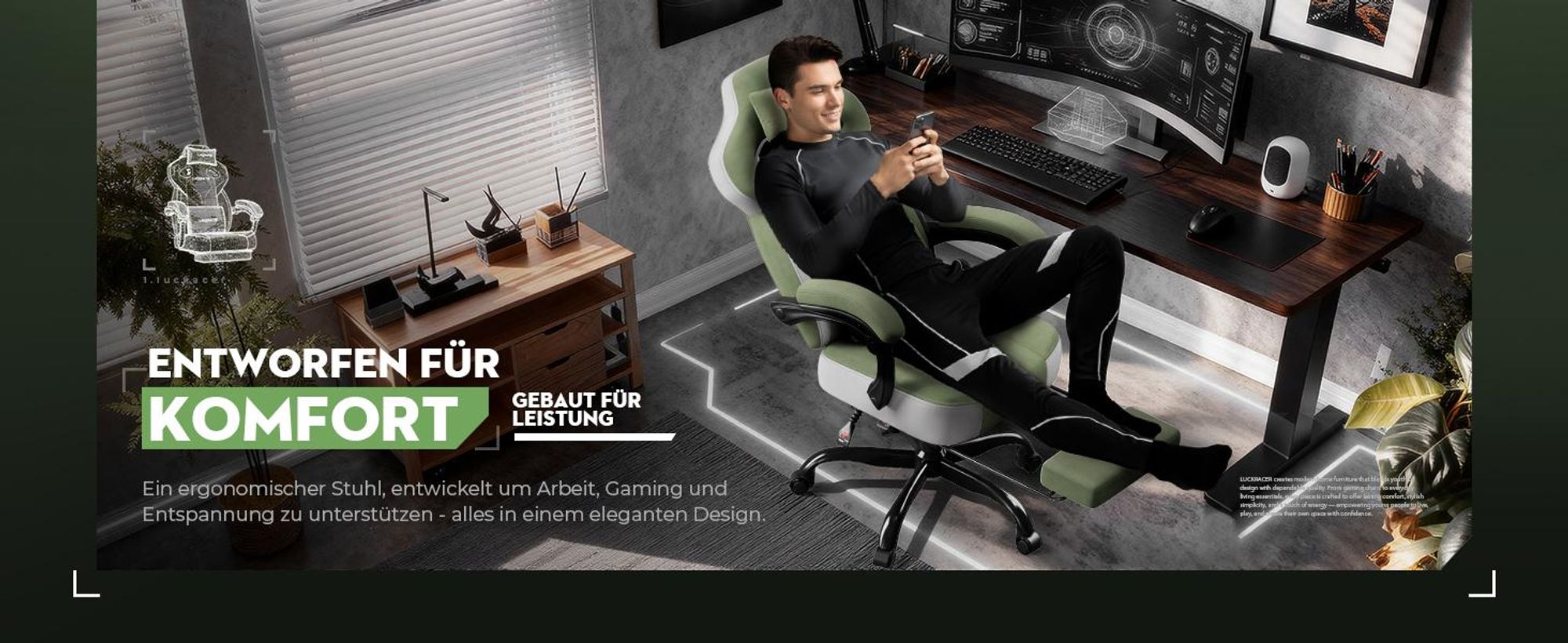 LUCKRACER Gaming Stuhl, Bürostuhl mit verbundenen Armlehnen, Memory-Schaum-Kissen, 90–155° Neigungswinkel und Fußstütze, strapazierfähigem Funktionsge