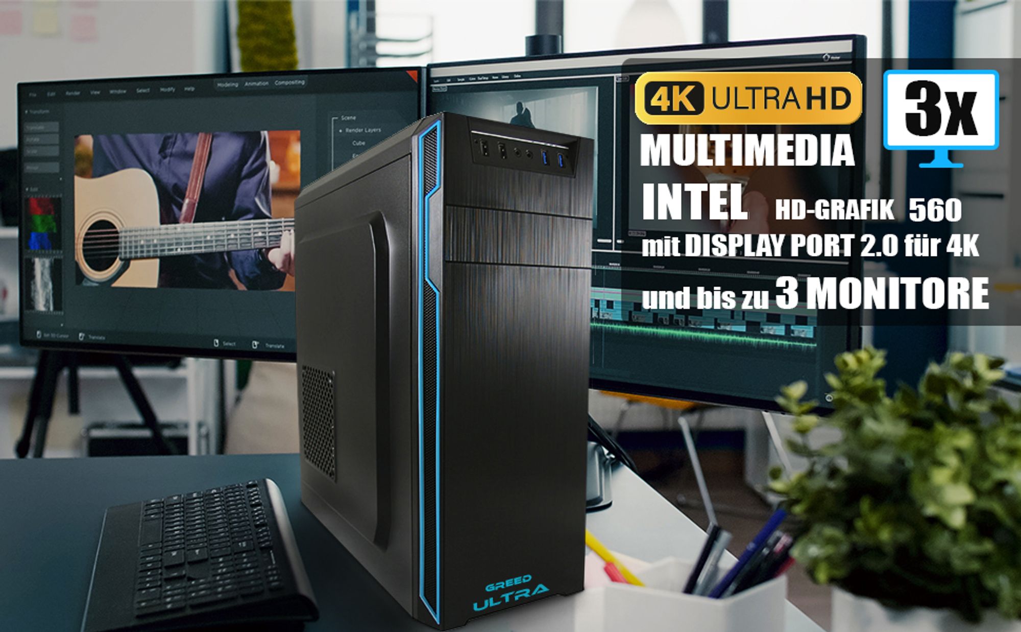 GREED® Ultra 7 - Schneller PC mit Intel Core i7 + Rechner für Büro & Home mit 4,0 GHZ, 16GB RAM - 1TB SSD + 1TB HDD - DVD+RW - WLAN, inkl. Win11 Pro