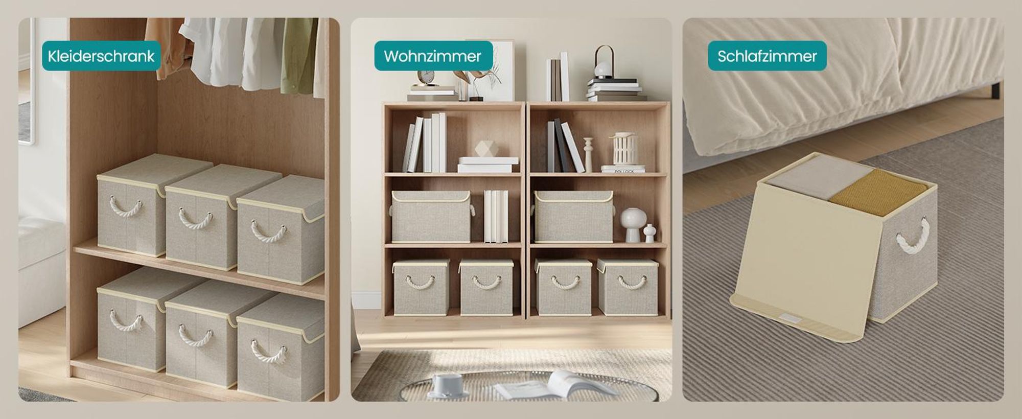 SONGMICS Aufbewahrungsbox 3er Set mit Deckel, Faltbare und Stapelbare Stoffboxen, 38 x 25 x 25 cm, Beige