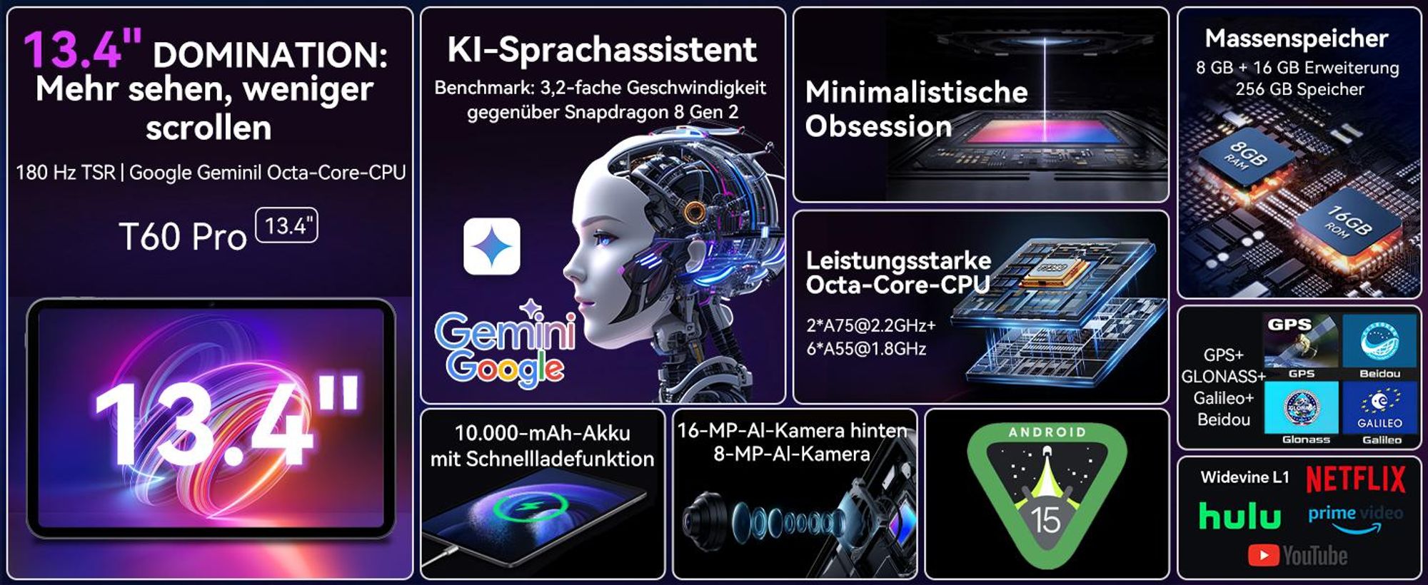 TABWEE T60Pro 13.4" Android 16 Tablet, 24GB(8+16)+256GB/2TB TF, 10000 mAh Akku, 2K Incell Display/120Hz/5G WiFi, Mit Hülle/Maus/Tastatur/Kabel-Headset