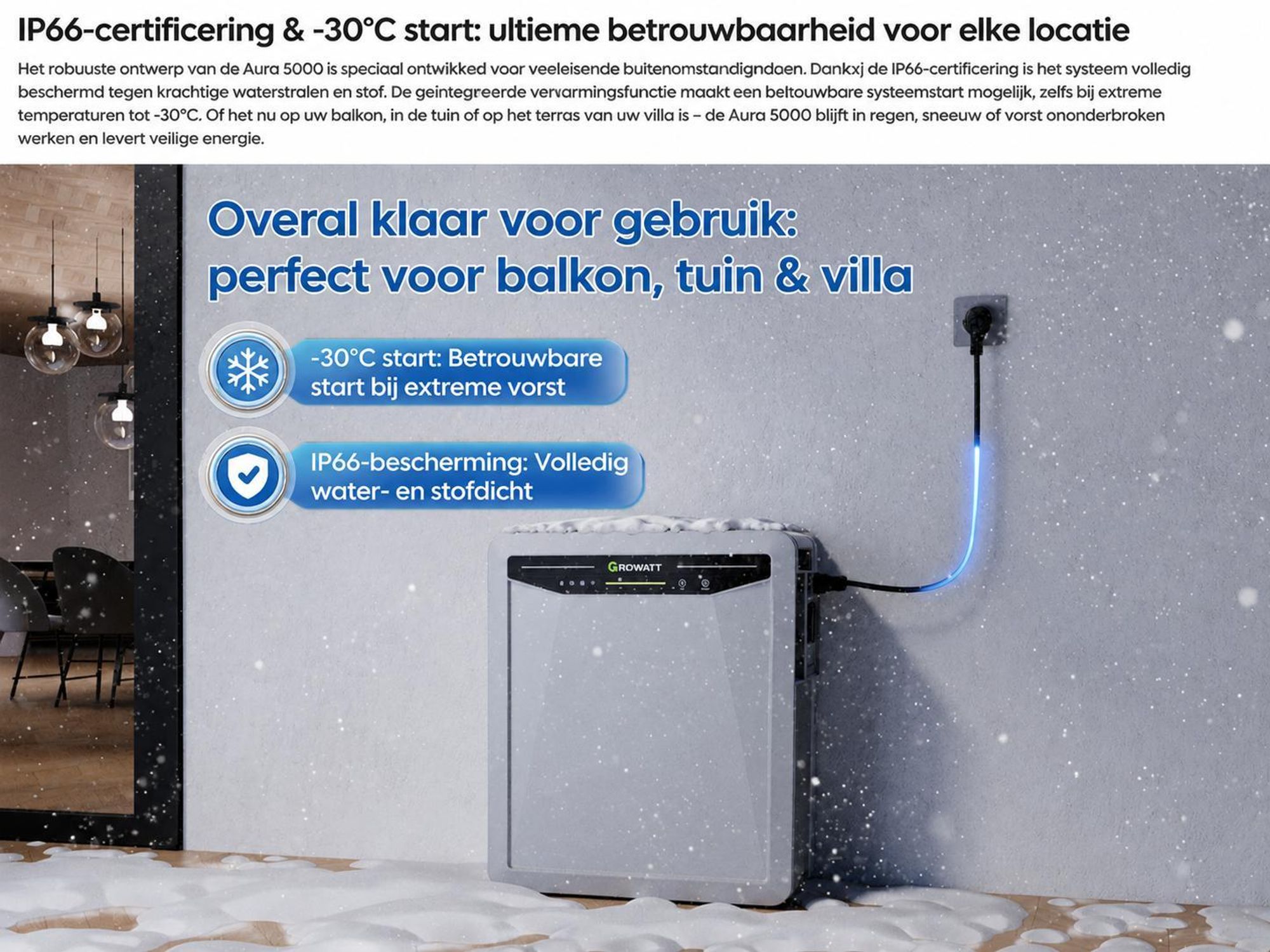 Powerness® Thuisbatterij voor Balkonzonnepanelen, 5 kWh Growatt Aura 5000 met 2300 W zonnepaneel-ingang, IP66