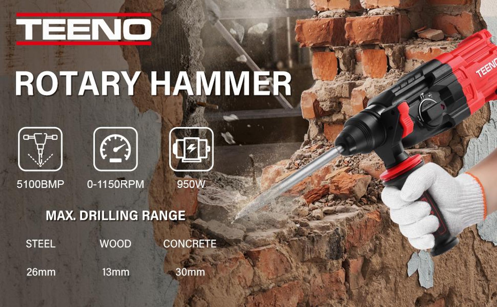 TEENO Bohrhammer 950 W kabelgebundener SDS-Plus mit 17 Zubehörteilen, 0–1150 U/min/5100 BPM Schlagbohrmaschine mit 4 Funktionen und Sicherheitskupplun