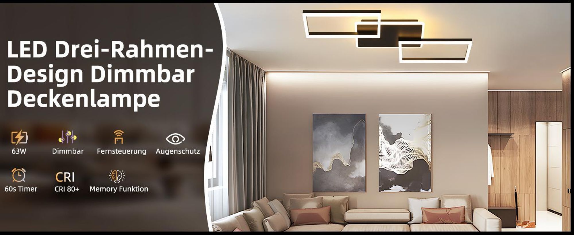 ZMH Deckenlampe Schwarz Wohnzimmer,LED Deckenleuchte Dimmbar mit Fernbedienung,Groß Wohnzimmerlampe,63W,80CM,Modern,Metall Schlafzimmerlampe
