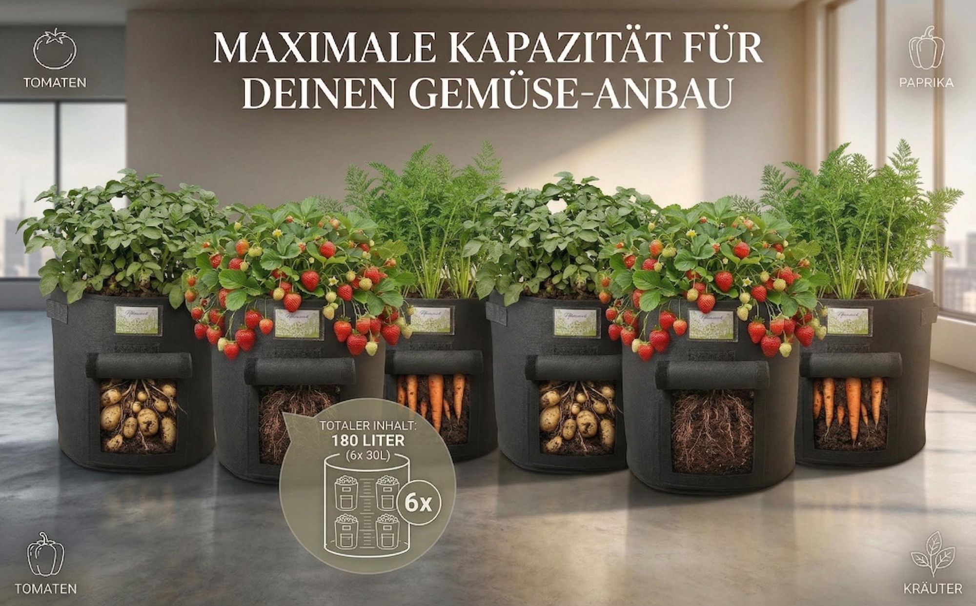 Garten Pflanzsack 6er Set XXL | 30 Liter | Mit Sichtfenster & Tragegriffen | Atmungsaktives Vlies | Für Kartoffeln & Gemüse