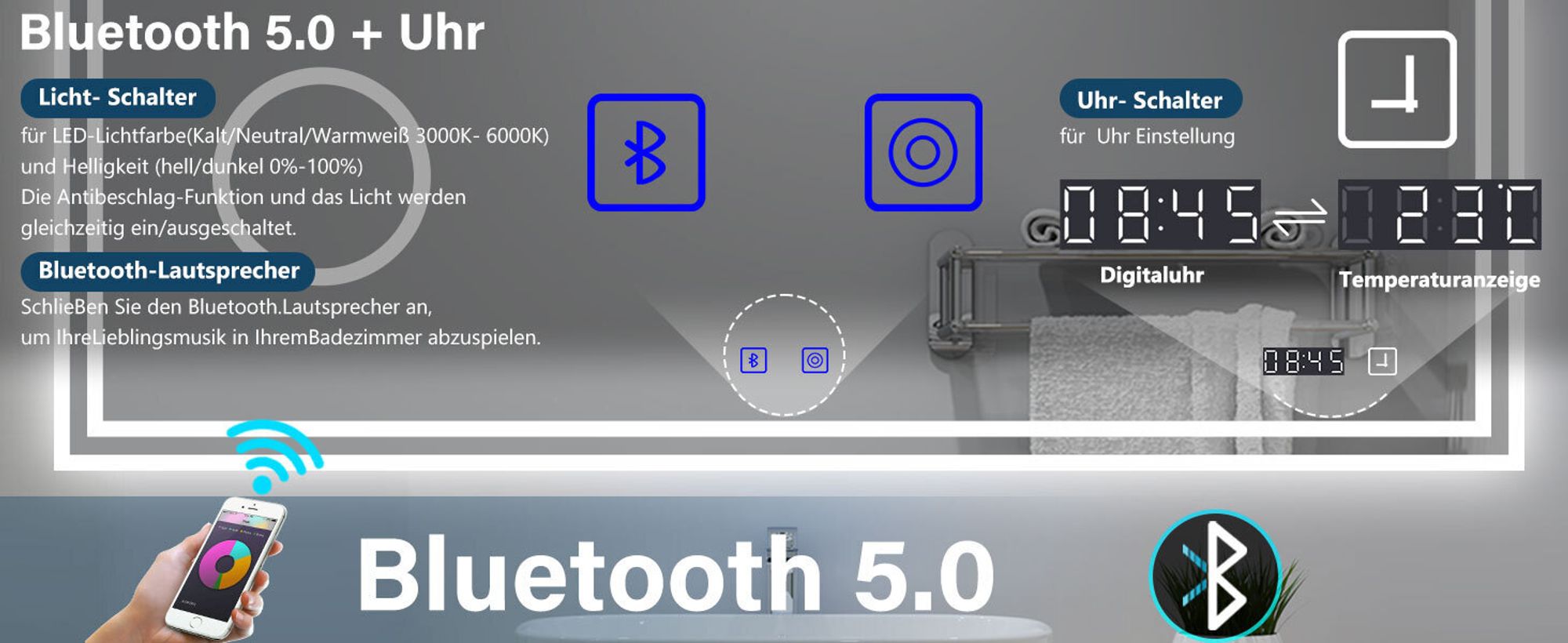 AICA LED Badspiegel 80x60cm mit Uhr Bluetooth Beschlagfrei 3-Fach Vergrößerung Schminkspiegel Badezimmerspiegel 3 Lichtfarbe 3000K/4500K/6000K IP44