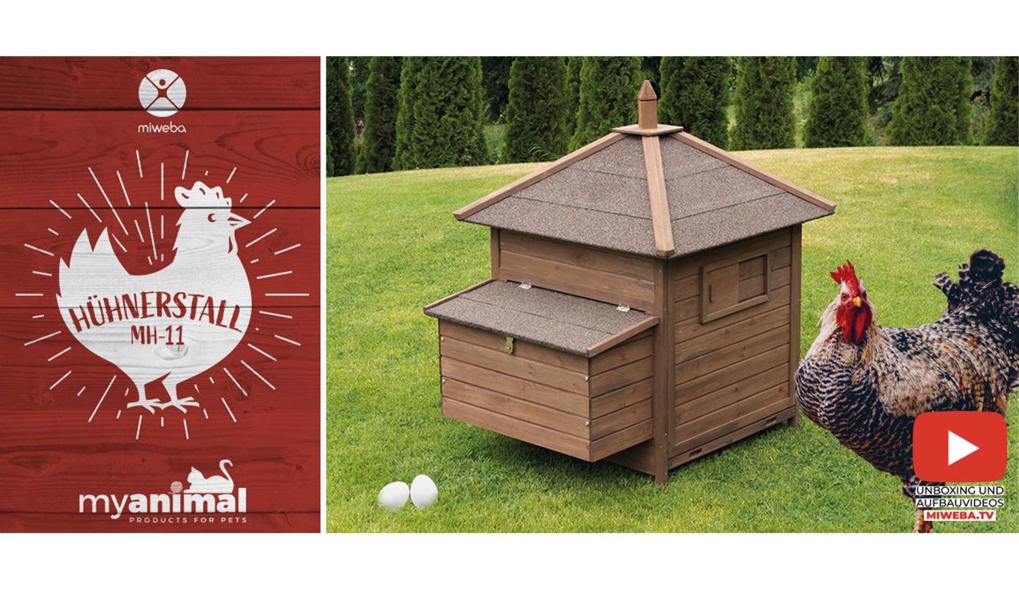 MyAnimal Hühnerstall MH-11 | Für 3 Hühner - Hühnerhaus Voliere - Sitzstange - Nistkasten - Eiablage - Dach Wasserabweisend & Abnehmbar - (Dunkelbraun)