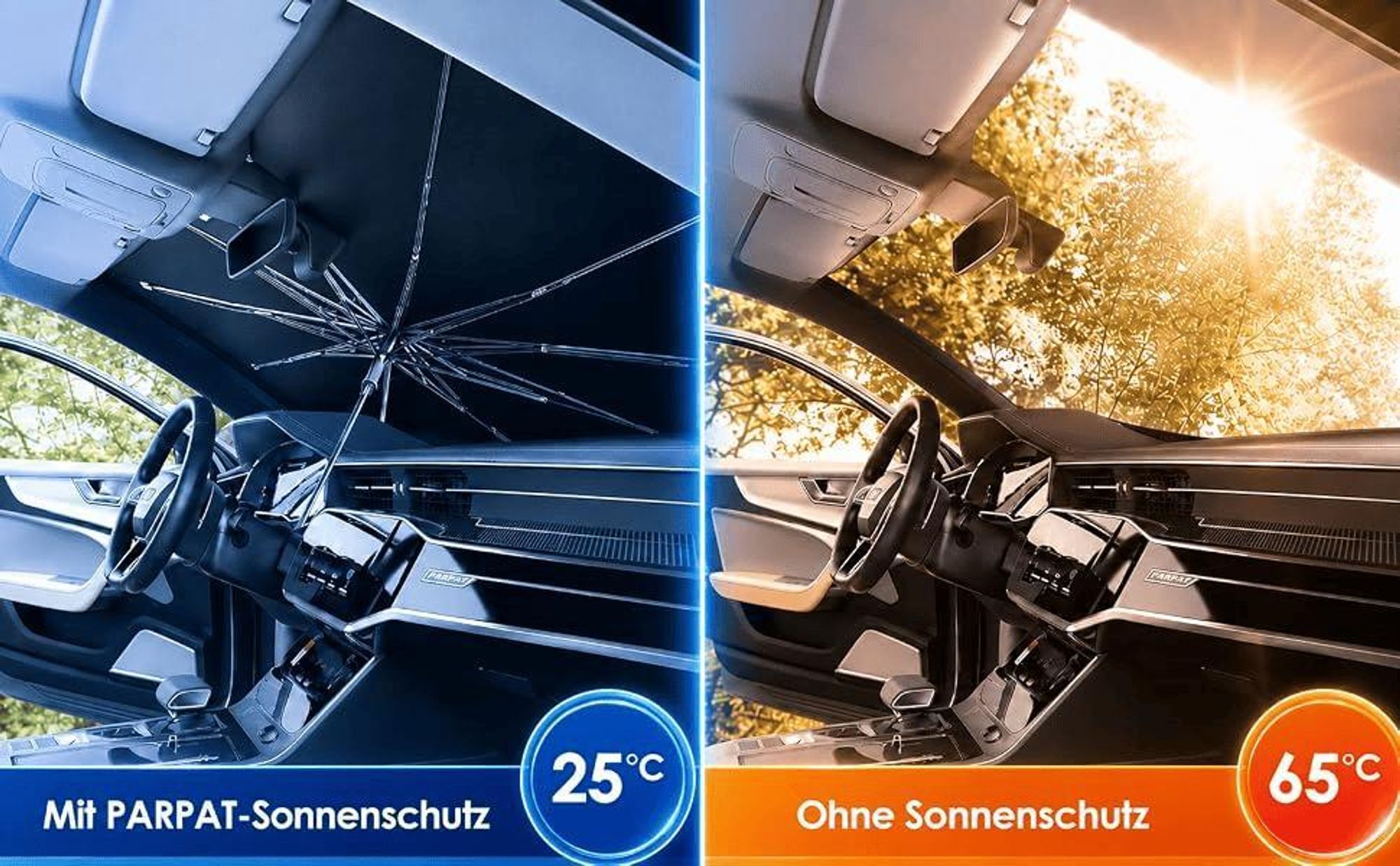 Auto Sonnenschutz Frontscheibe, 360°Drehbar, Sonnenschutz mit UV-Schutz, Sonnenschirm mit Verstellbarer Stange, für die meisten Autos SUVs, 140 x 80cm