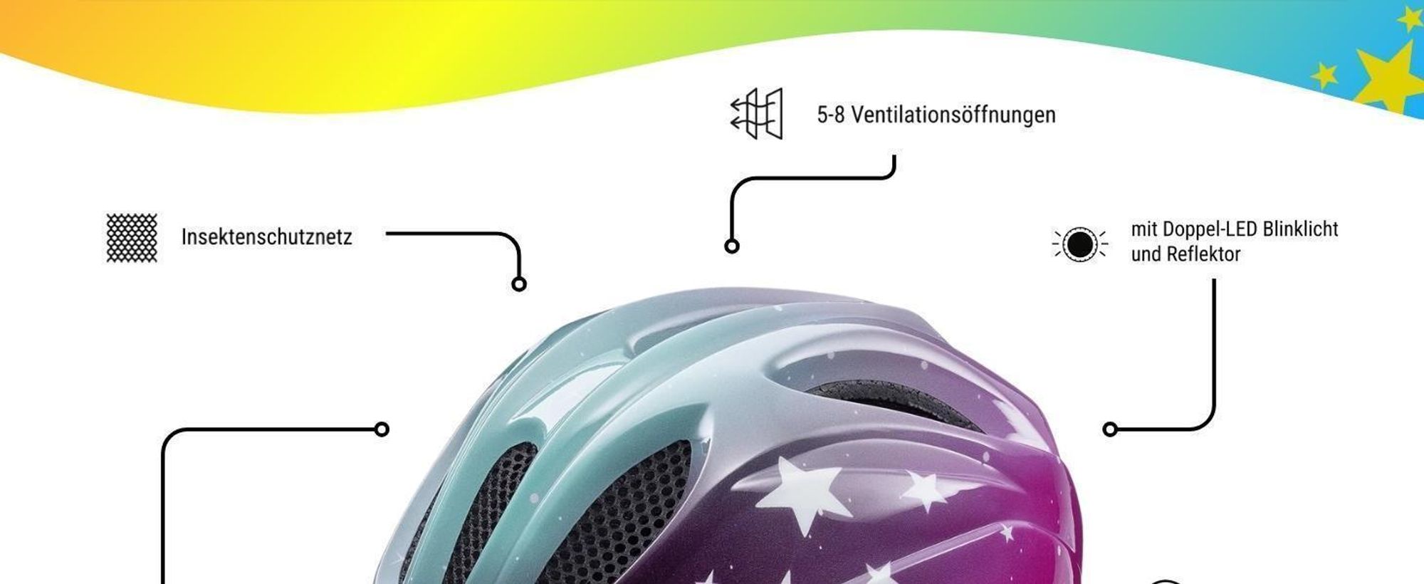 KED Meggy II Trend I Kinder Fahrradhelm Insektenschutznetz Integr. LED-Rücklicht maxSHELL Technologie Farbe: stars soft pink glossy Größe: 52-58 (M)