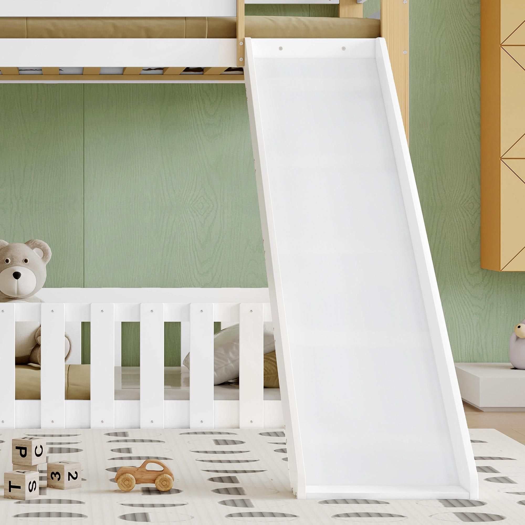 Flieks Etagenbett 90x200cm mit Rutsche, Kinderbett Hausbett mit Tür, Hochbett Einzelbett mit Rausfallschutz und Lattenrost, Stockbett Naturbelassen