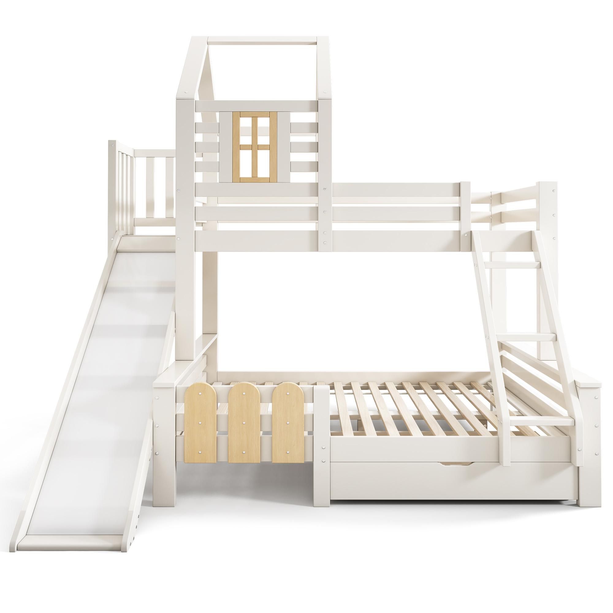 Flieks Etagenbett 90x200cm/140x200cm, Kinderbett Hausbett mit Rutsche, Hochbett mit Schublade, Stockbett Holzbett mit Lattenrost, Weiß