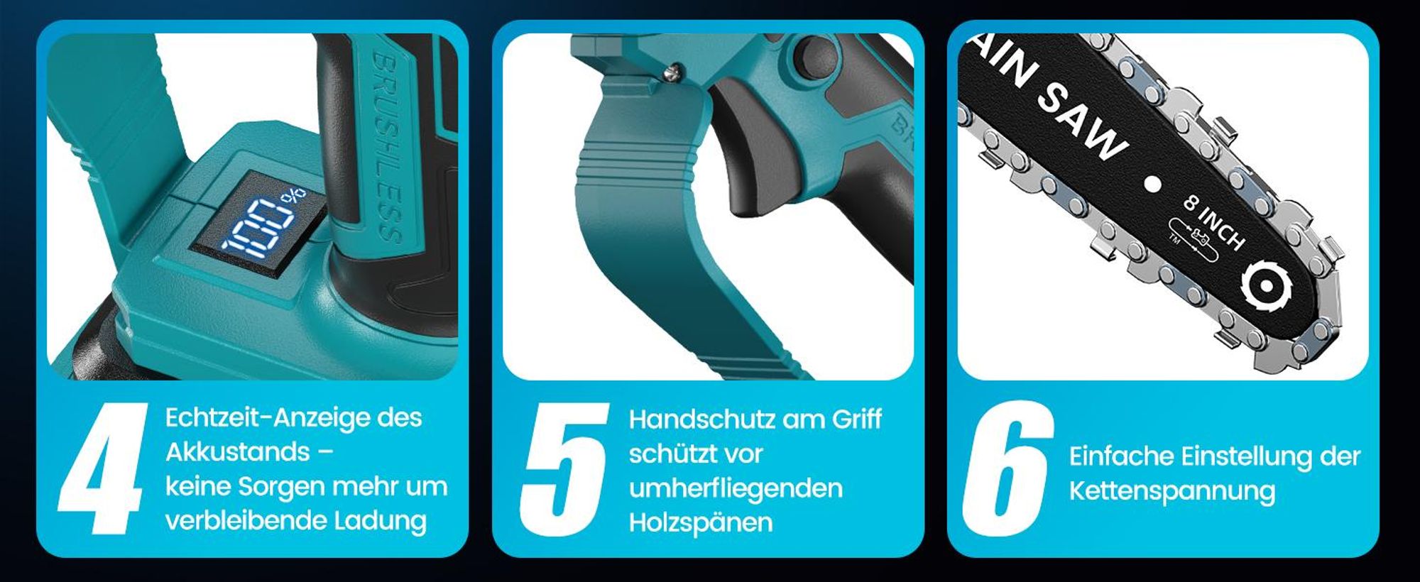 Akku-Kettensäge 6+8 Zoll Bürstenloser Mini Kettensäge mit 2x 4000 mAh Akku, 1200W Einhand HandKettensäge für Gartenscheren Holzschneidenz