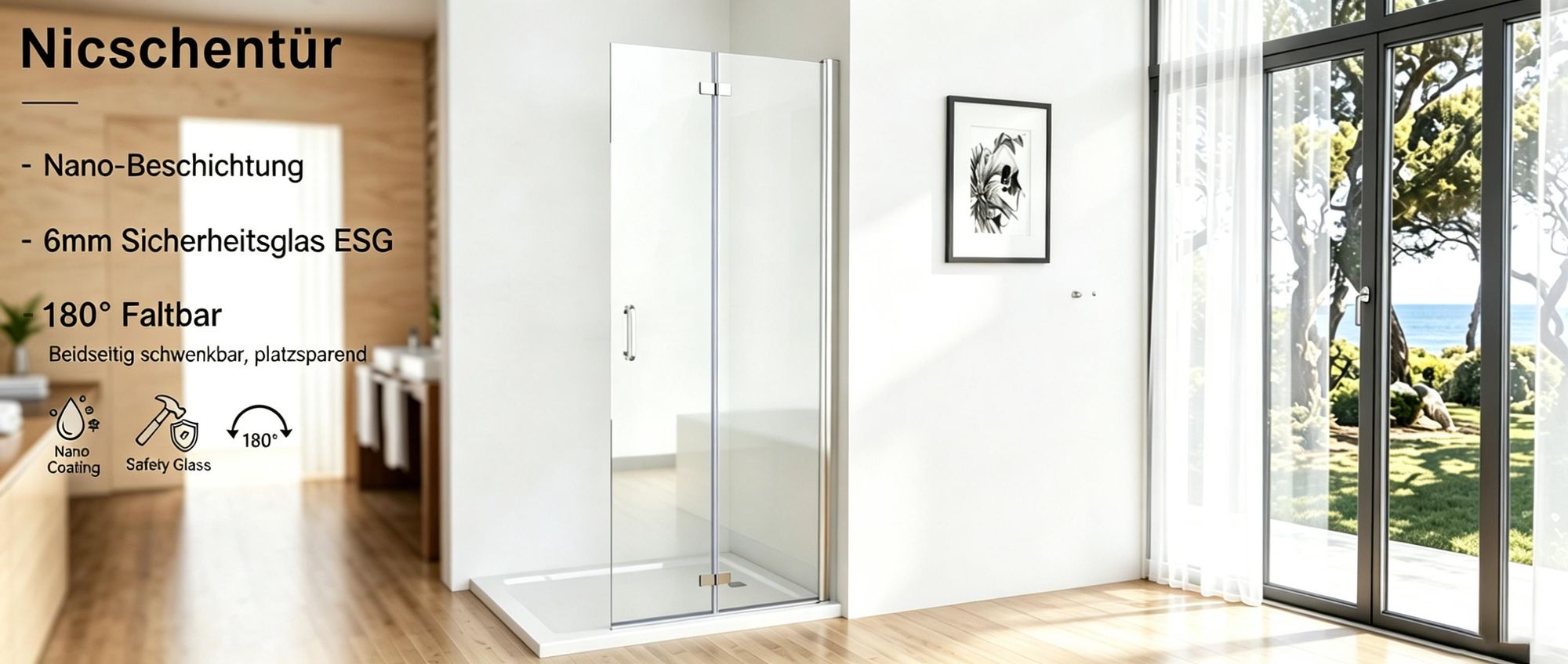 Faltbar Duschwand 120x185 cm Walk in Dusche Pendeltüren Duschabtrennung mit Falttür Drehtür Nischentür 6mm NANO Sicherheitsglas Duschtrennwand