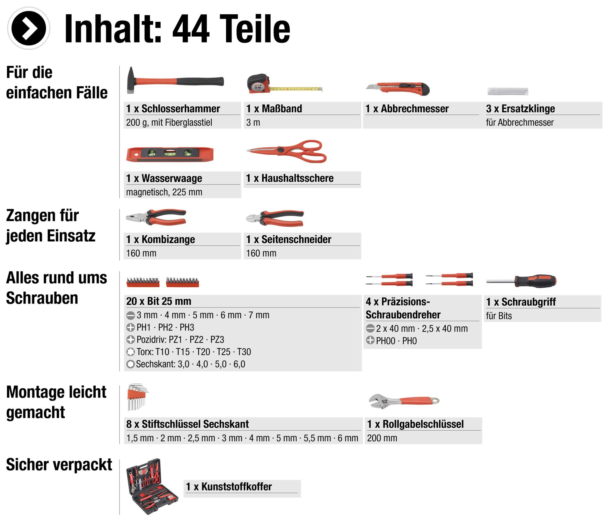Meister Haushaltskoffer 44-teilig Werkzeug-Set Werkzeugkoffer befüllt