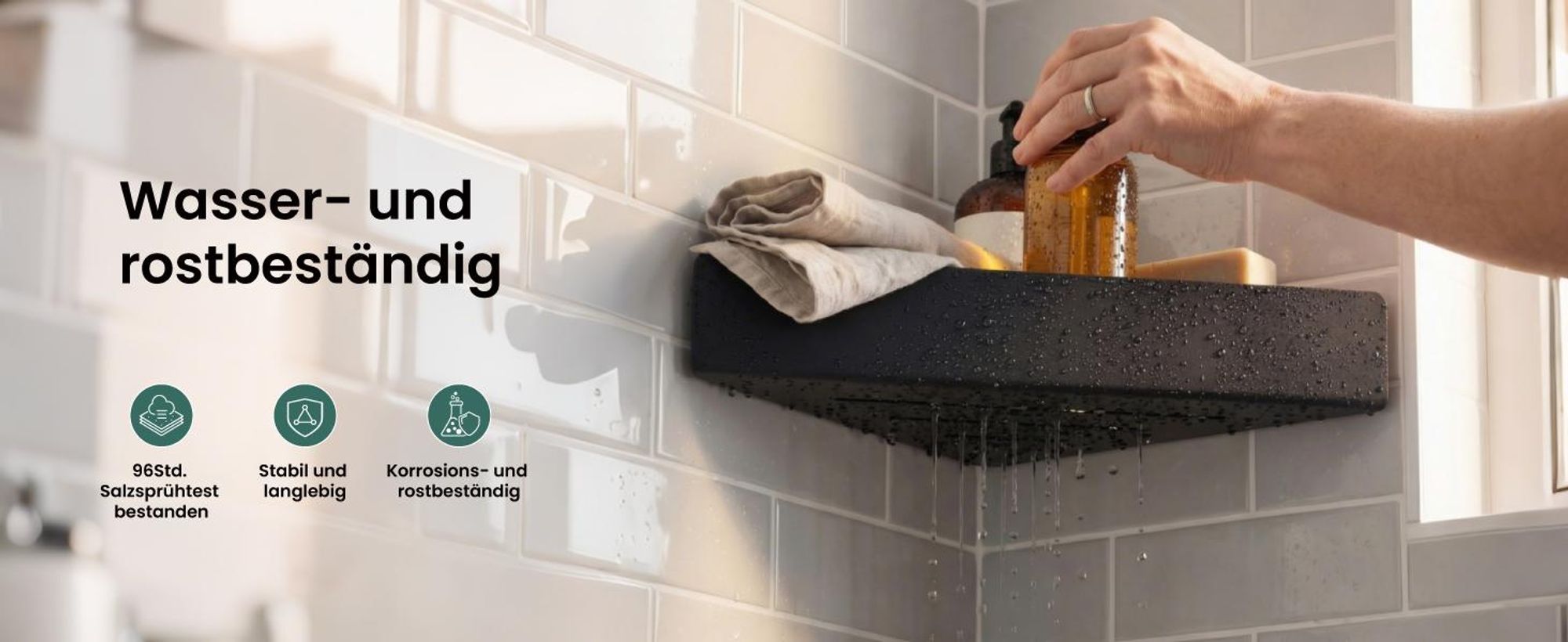 Mai & Mai Duschablage zum Bohren oder Kleben, Duschregal Badablage Ecke, Badezimmerablage zur Wandmontage für Bad und Küche, Sandschwarz Reglo-07