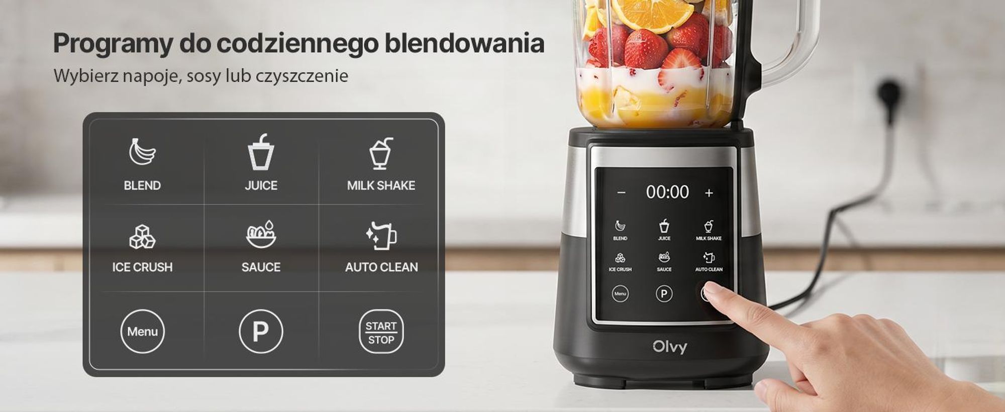 Olvy Blender Pro kielichowy, szklany dzbanek 1,5 l, kubek Tritan 600 ml, ekran dotykowy, Pulse, Auto-Clean, smoothie maker i ice crusher