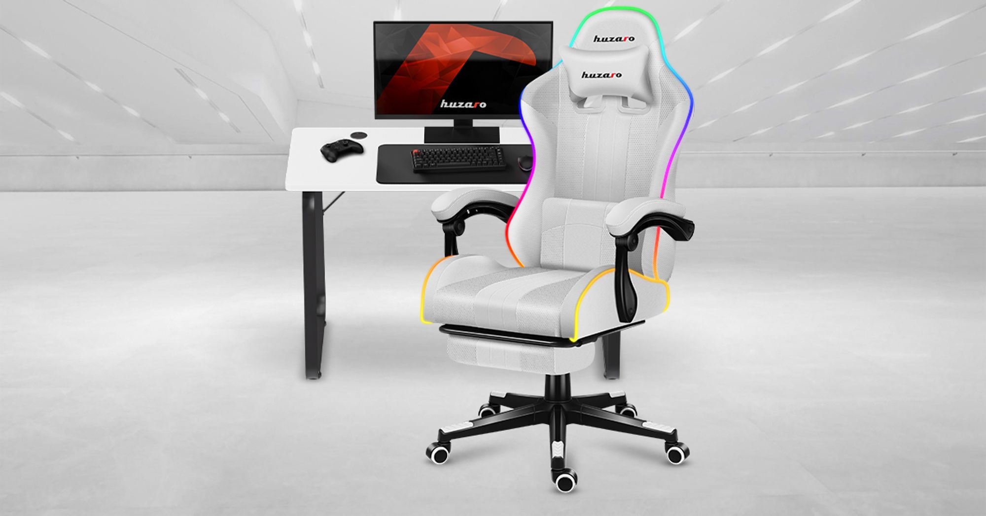 Huzaro Force 4.7 RGB | LED Gaming Stuhl Computerstuhl | 90-140° Neigungswinkel | Kopfstütze Lendenkissen Höhenverstellbar Fußstütze | 140 kg | Weiß