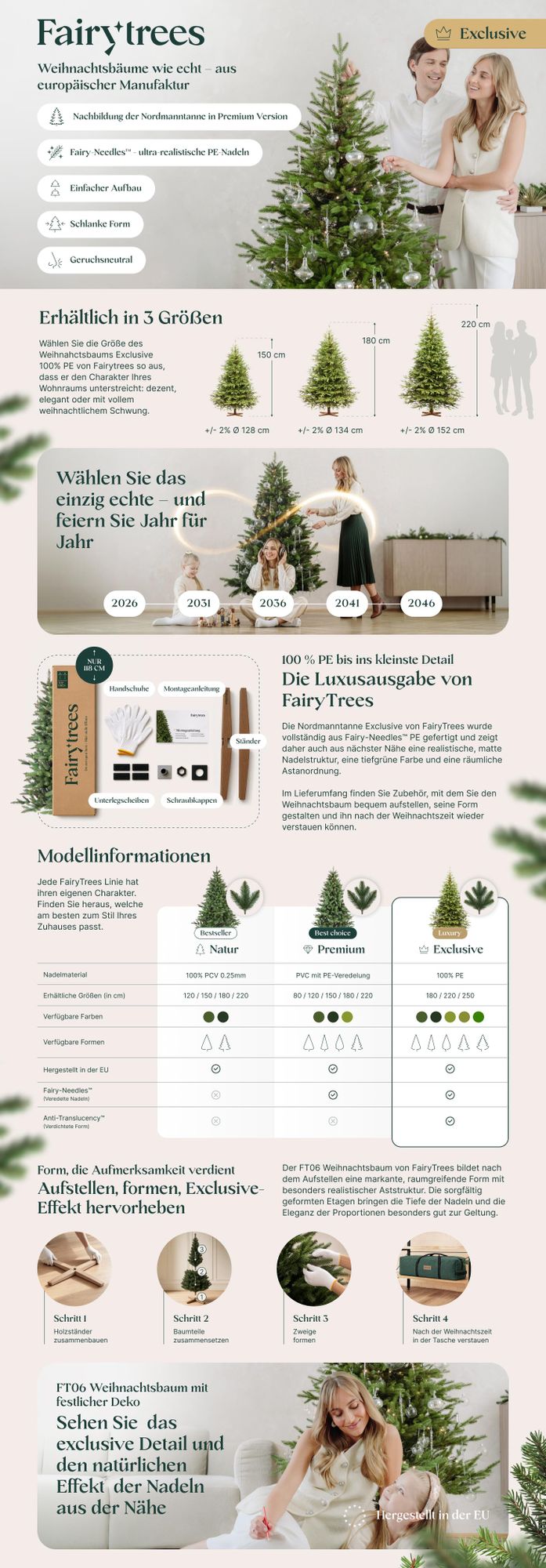 FAIRYTREES Weihnachtsbaum künstlich 180cm Nordmanntanne Exklusiv 100% PE | Tannenbaum Holzständer |  EU | Christbaum künstlich mit Naturgetreue Spritzguss Elemente