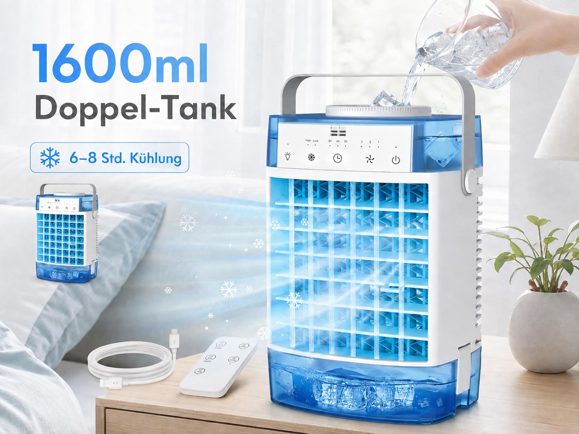 Mini Klimaanlage 4 in 1,Klimagerät Tragbar Leise,Ventilator mit Wasserkühlung 2 Modi 3 Geschwindigkeiten Timer RGB-Licht für Zimmer Camping,Blau