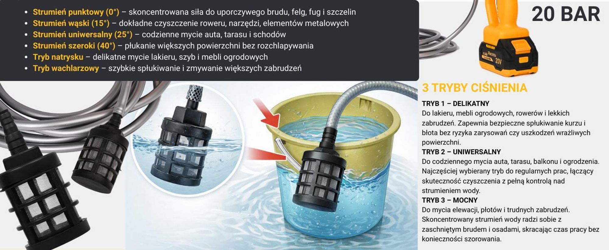 Myjka ciśnieniowa akumulatorowa BESTEN 20V 20 bar 240 l/h 2x4Ah B-PRO dysza 6w1 zasysanie wody